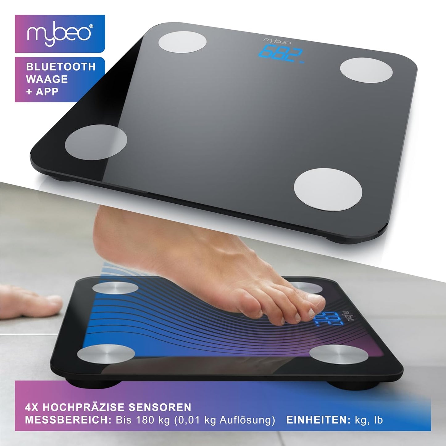 Digitale Bluetooth Körperfettwaage mit App-Steuerung, A: Schwarz