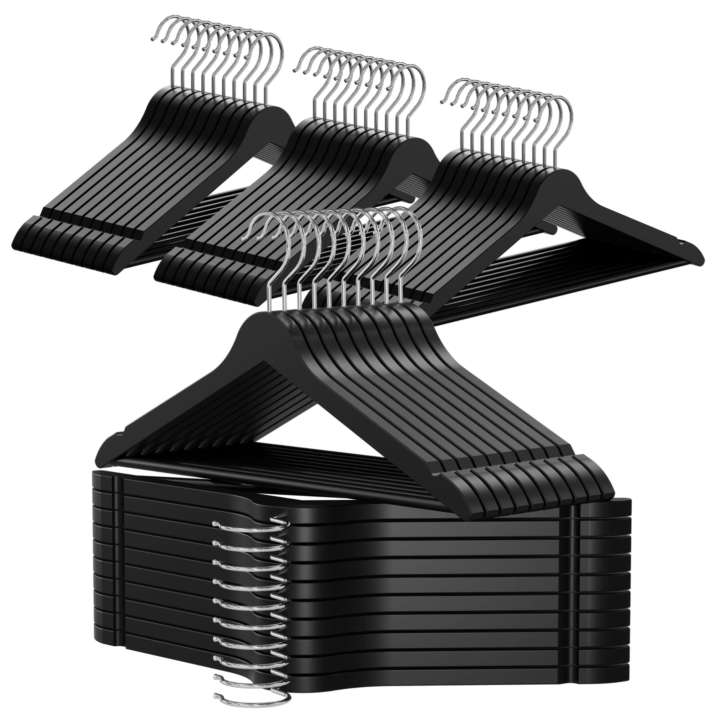 50er-Set Holzbügel mit drehbarem Haken, Schwarz 50 count