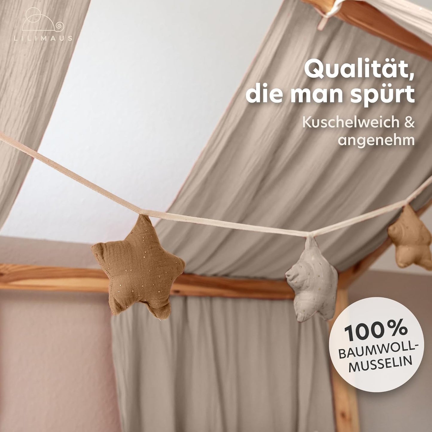 Sternenkette mit Goldapplikation, Nougat & Hellbeige Sterne mit Goldapplikation