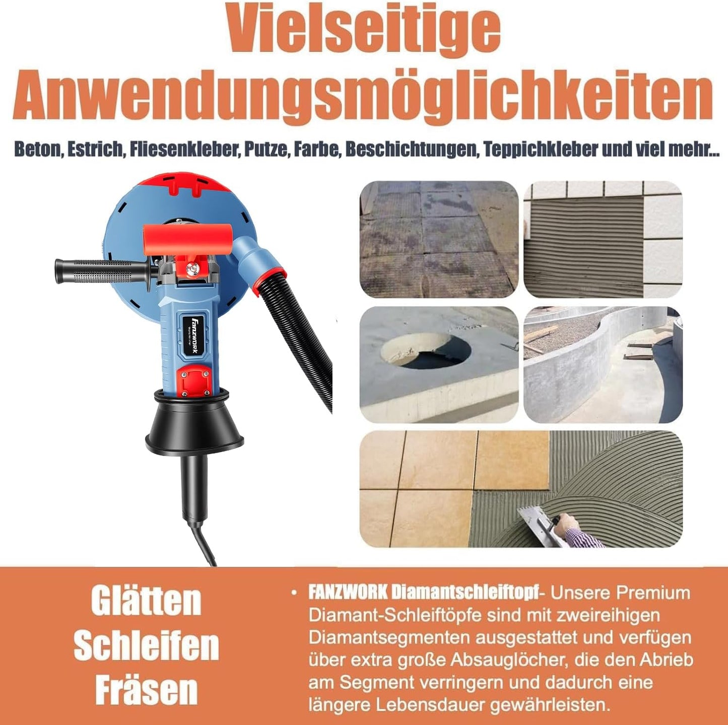 ‎10D-HG0026 Betonschleifer Set mit Diamantschleiftopf und Absaughaube, T-Model/180mm+