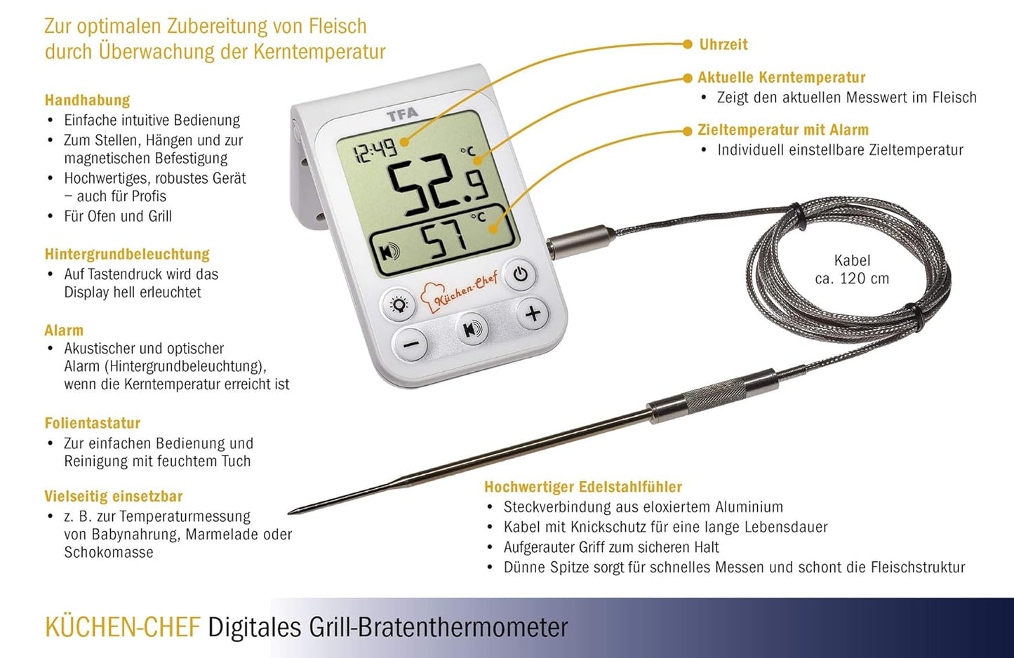 Digitales Grill-Bratenthermometer mit Hintergrundbeleuchtung, Weiß