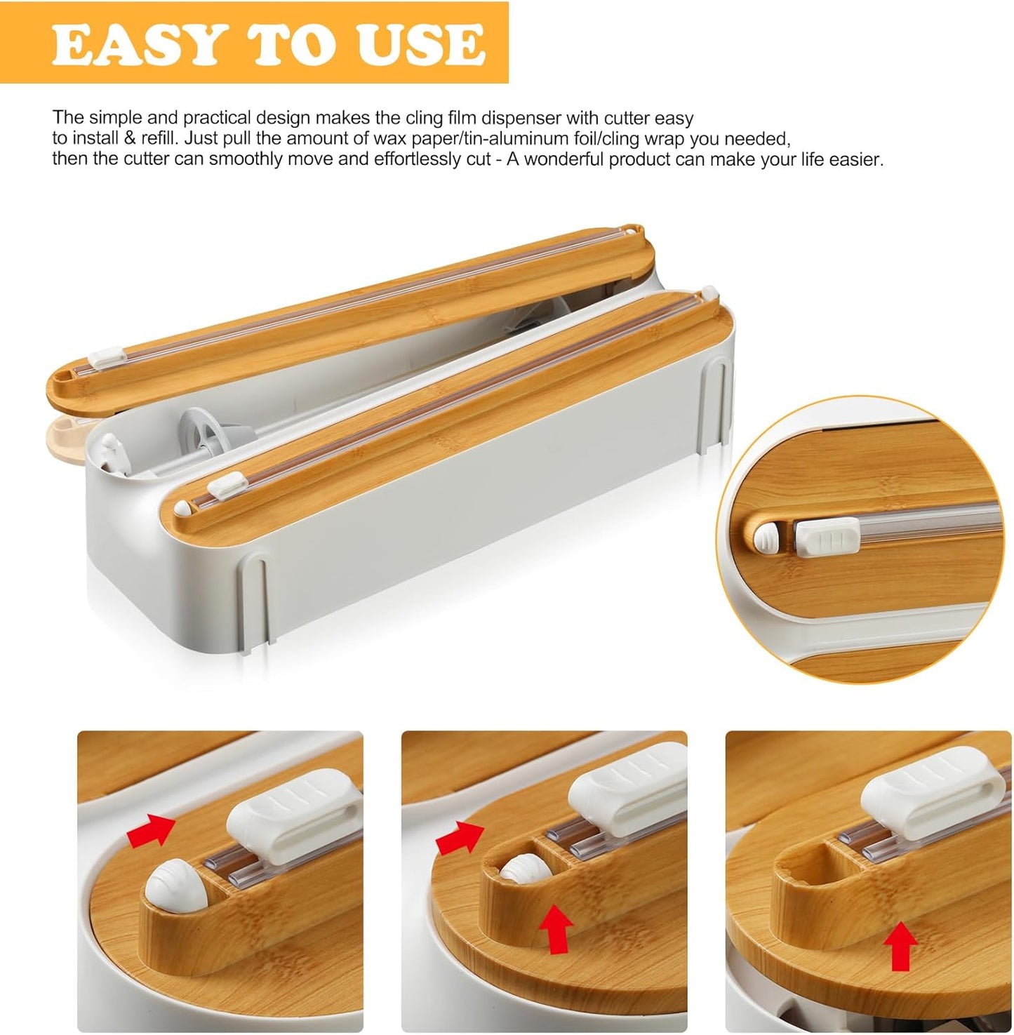 3-in-1 Frischhaltefolienspender mit Folienschneider und Küchenrollenhalter, Natur