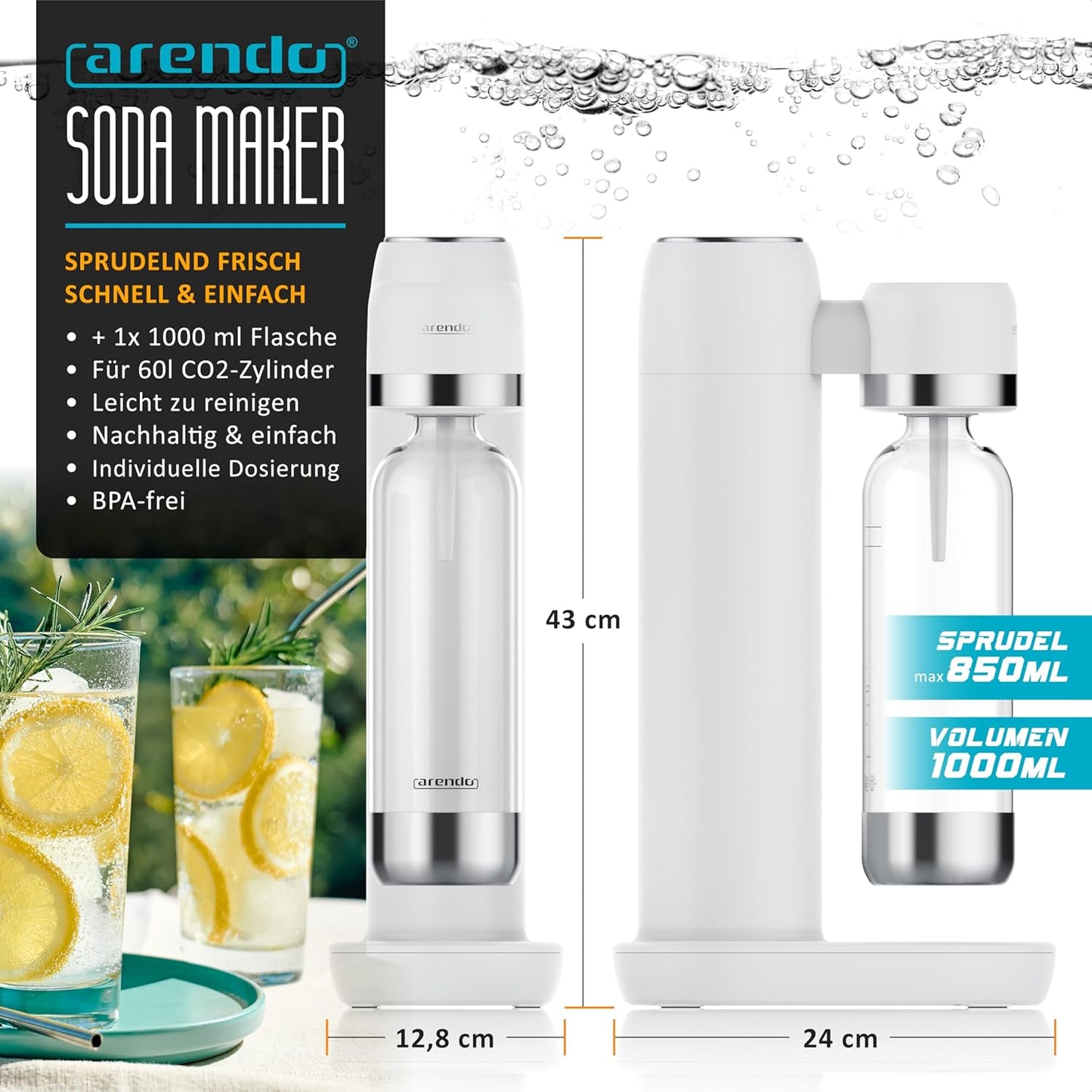 Wassersprudler mit Wasserflasche, B: Weiss