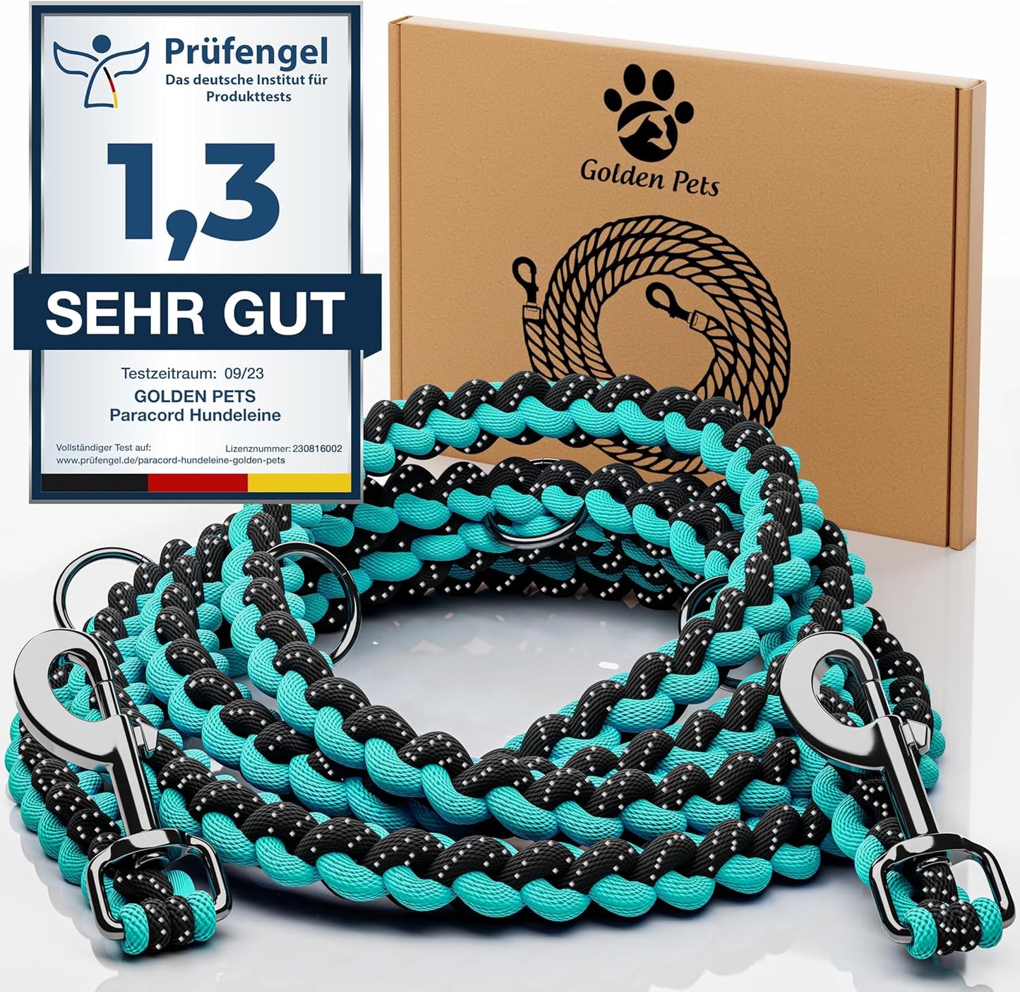Reflektierende Paracord Hundeleine, 2m, türkis - schwarz 2 m Hunde ab 15 kg