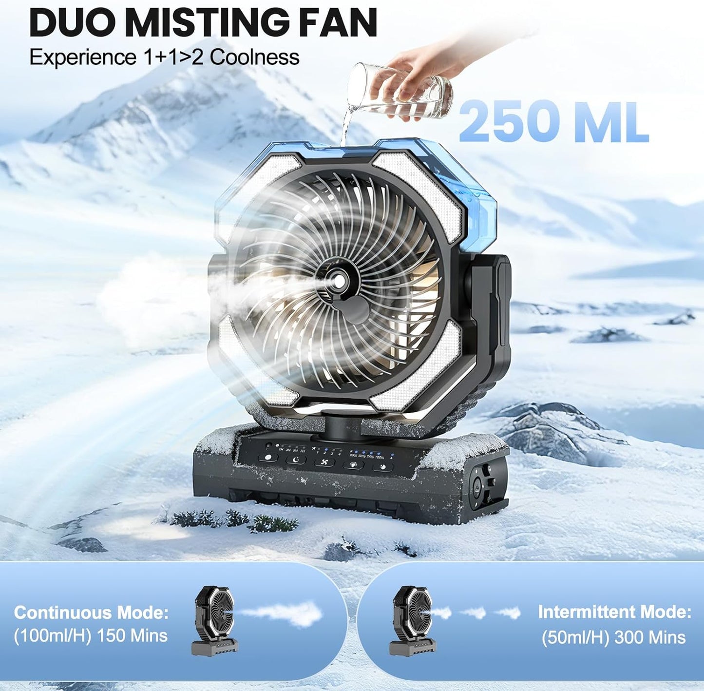 Akku Campingventilator mit Sprühfunktion und Fernbedienung, Schwarz