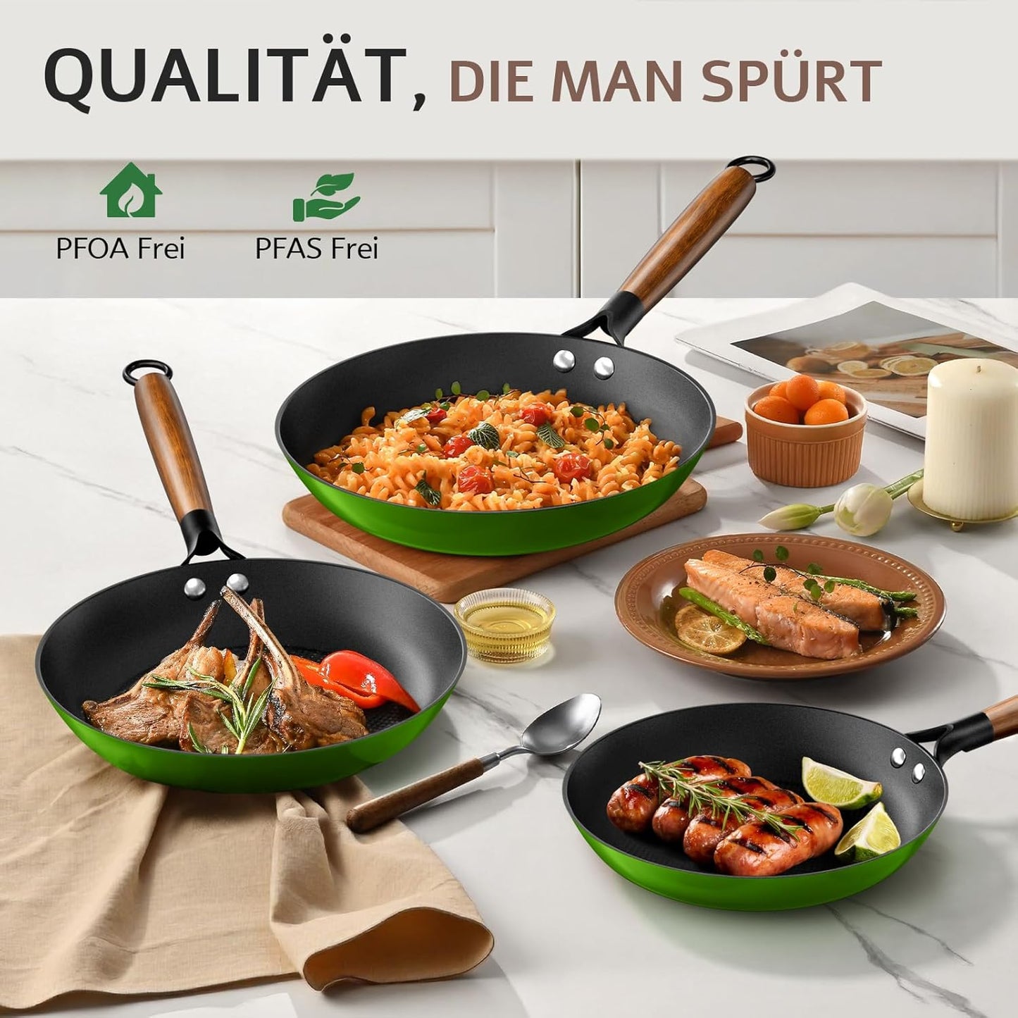 Gusseisenpfanne 20 cm vorgewürzt, Antihaft, Induktion geeignet, Grün 20 cm