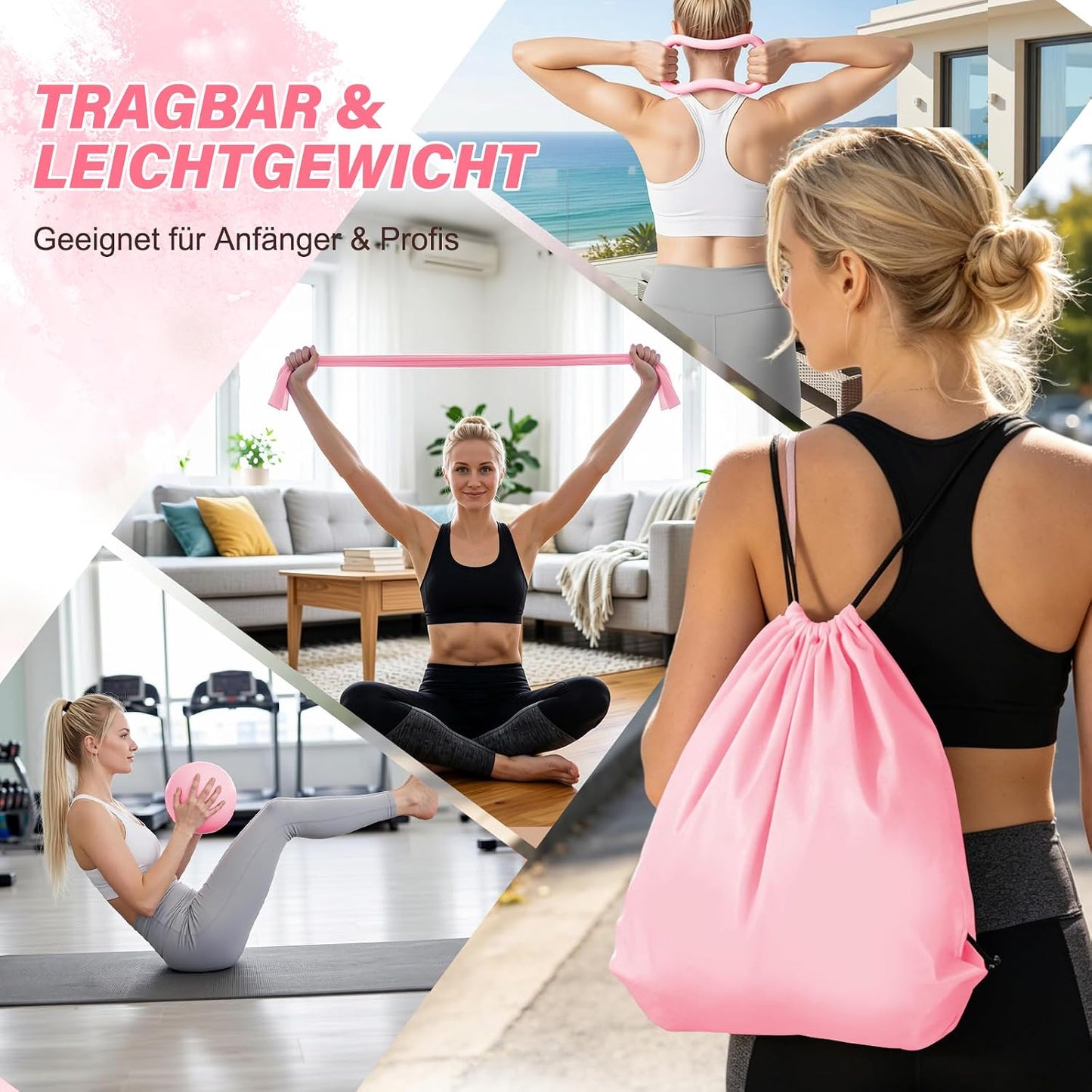 Pilates Set mit Ring, Ball und Fitnessbändern, Pink