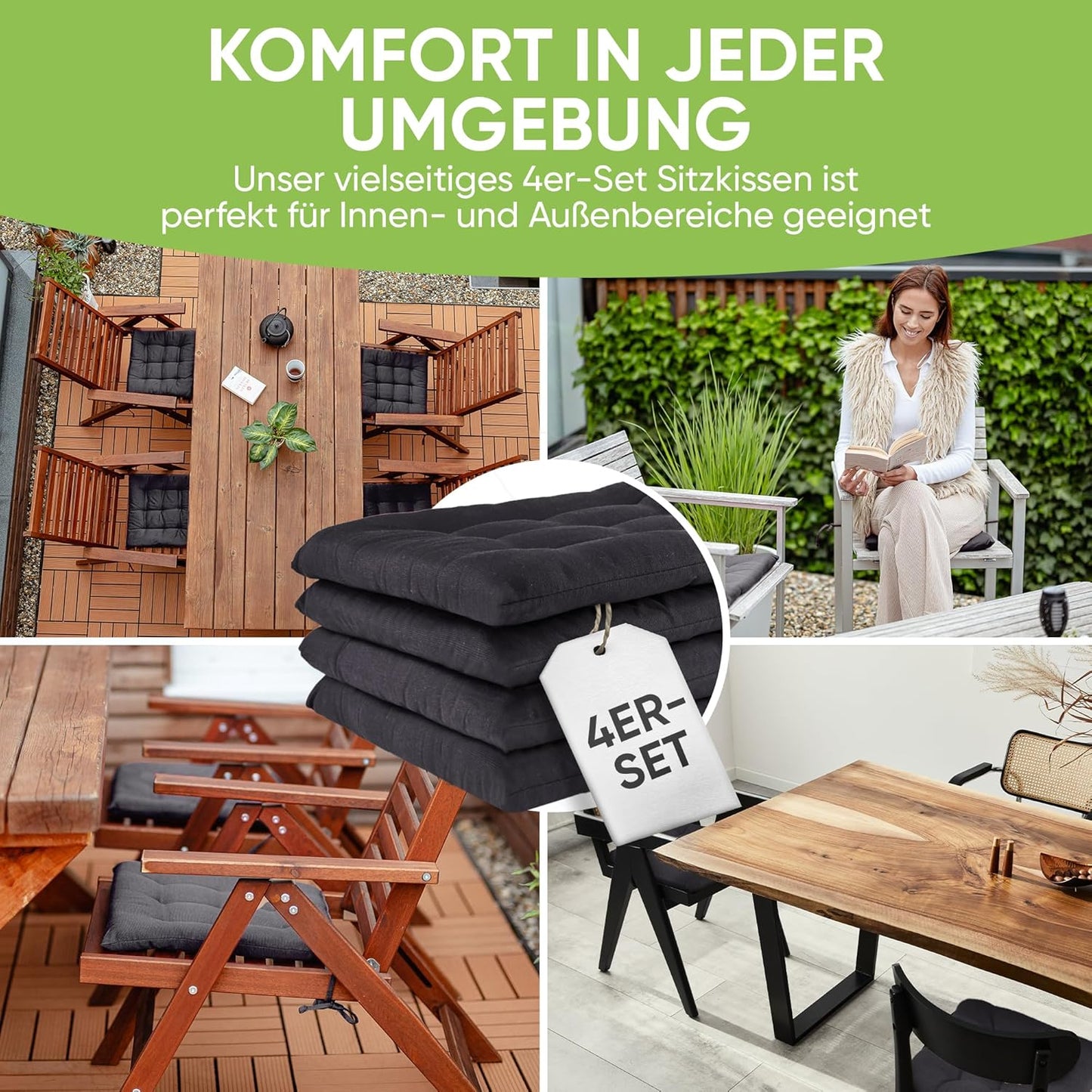 Sitzkissen-Set mit Haltebändern, 4 Stück (1er Pack) Graphit