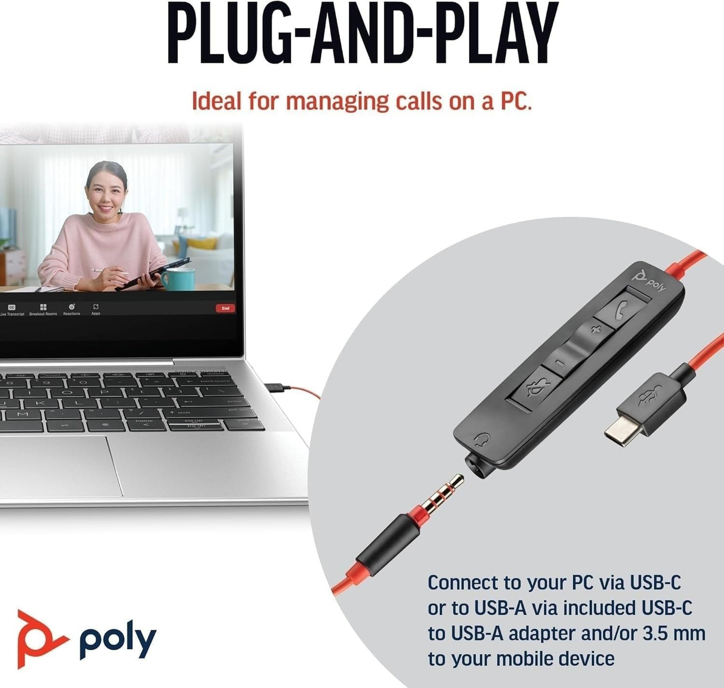 Headset, Blackwire, 3325, Bw3325 Usb-C, Usb C/A Adapter, Ecomm Standard