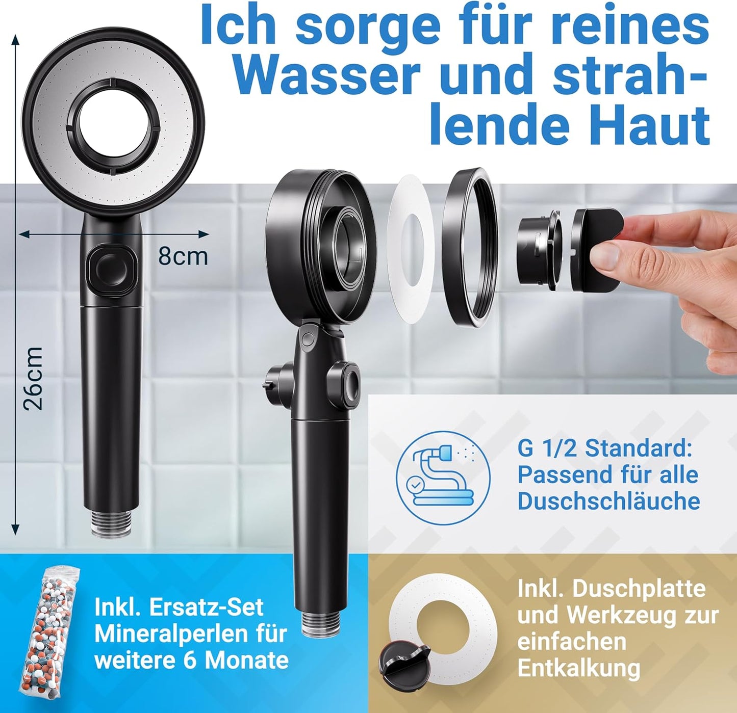 Duschkopf mit Filter und 3 Modi (wassersparend), Matt Schwarz