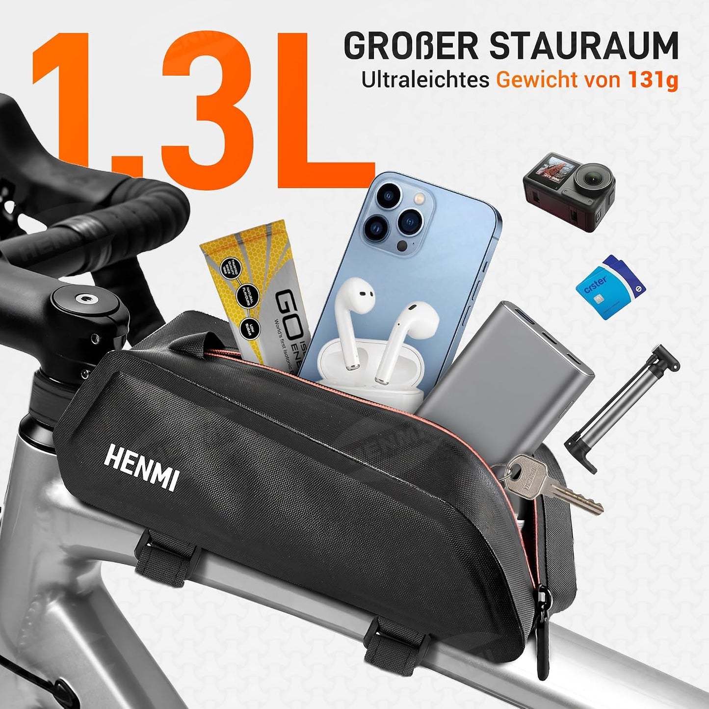 Oberrohrtasche für Fahrrad, wasserdicht, 1,3L mit Reissverschluss