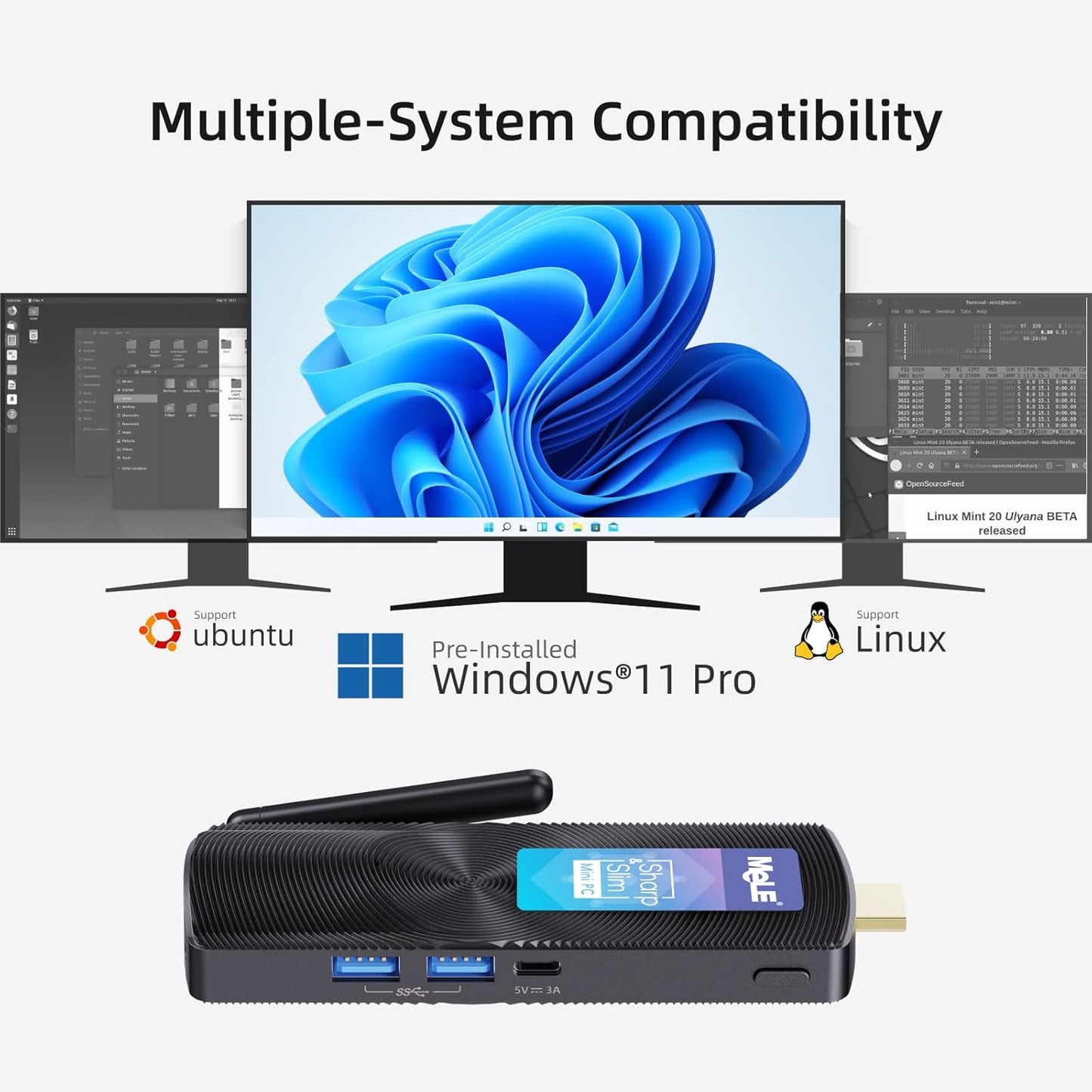 Lüfterloser Mini-PC-Stick mit Windows 11, 4GB 128GB PCG02-N4000 Home