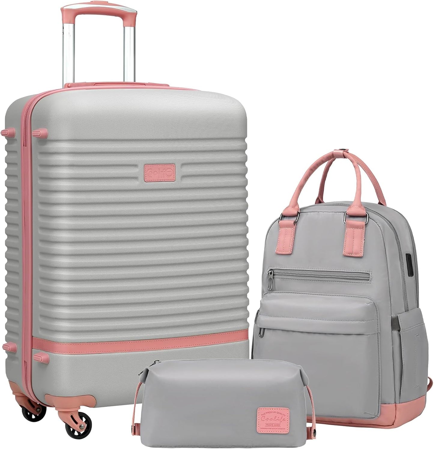 3-teiliges Hartschalen Trolley-Set mit Reiserucksack, Mittlerer Koffer-Set 3tlg Grau/Rosa