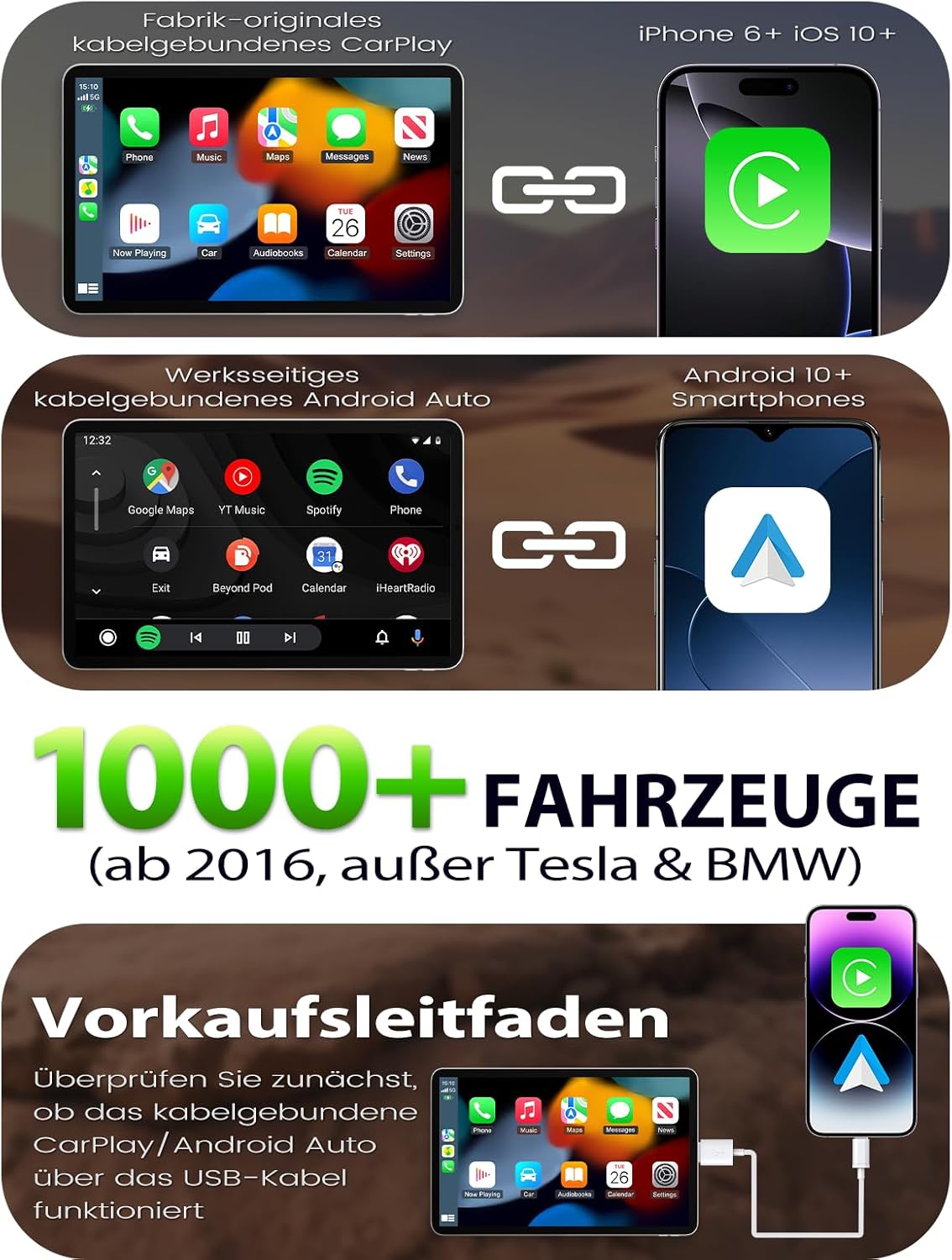 Kabelloser CarPlay Adapter für iOS & Android, Tiefschwarz