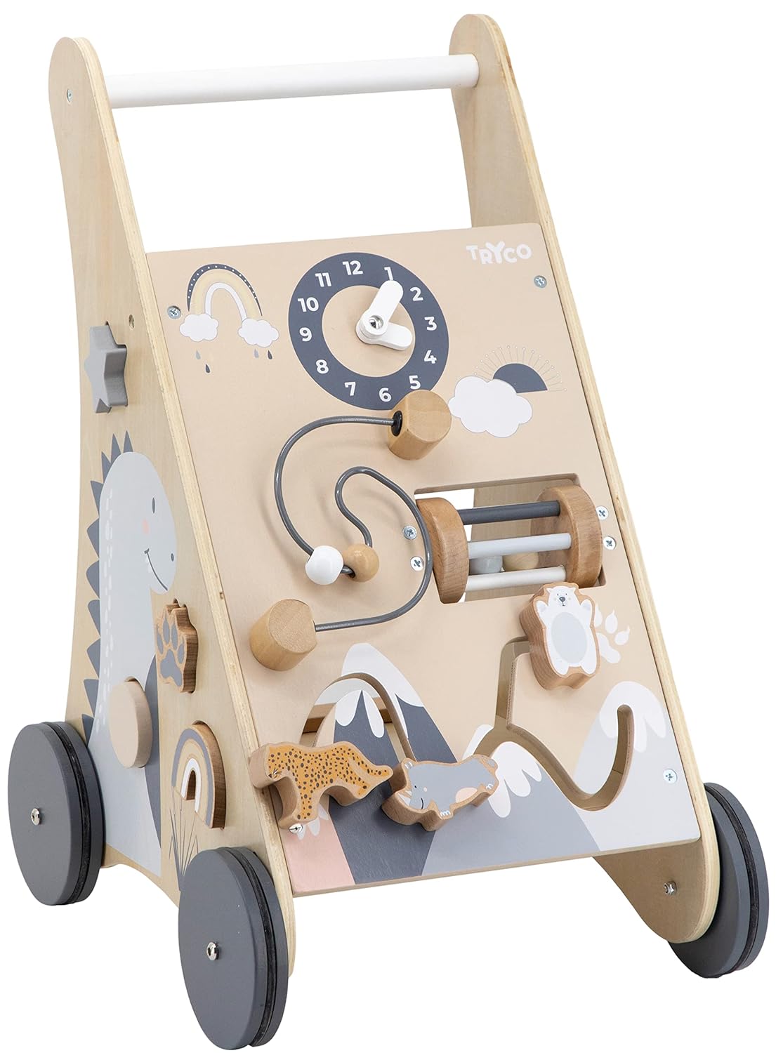 Lauflernwagen aus Holz mit Motorikspiel, Natur/Weiss (neutral).