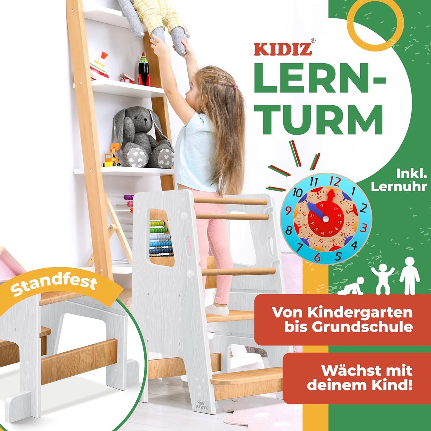 Lernturm mit Lernuhr, höhenverstellbar, Weiss & Kiefer