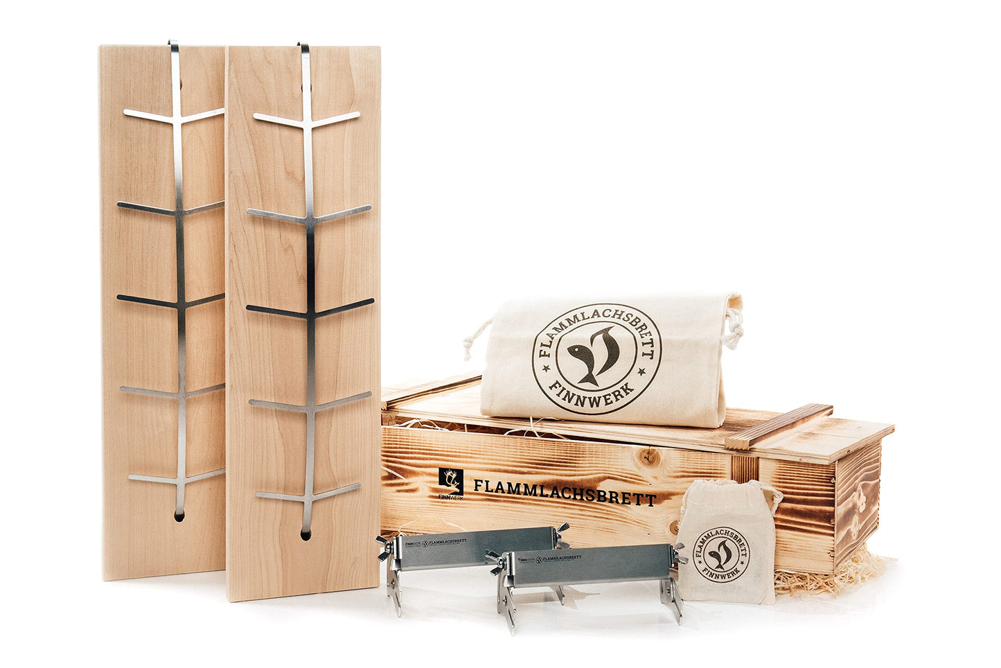 Flammlachsbrett mit Edelstahlhalterung, 2er Set Geschenkset - Weiß