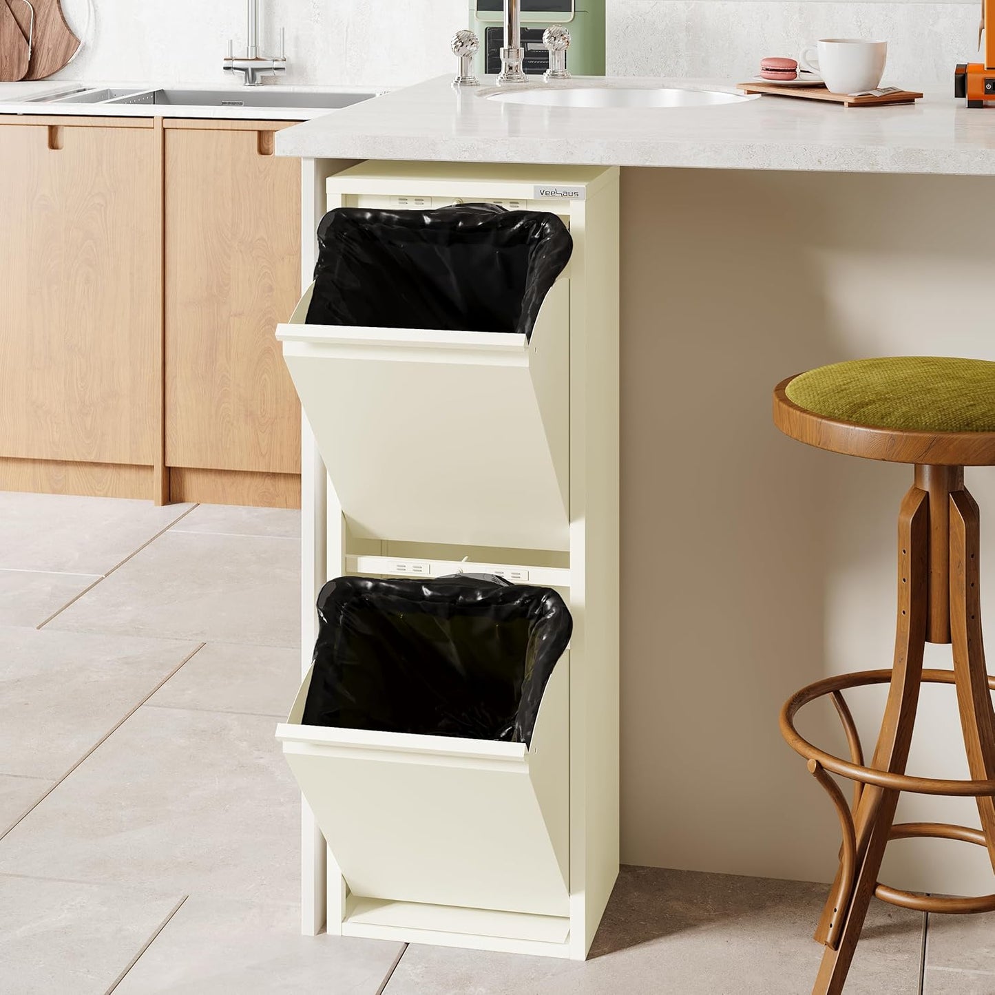 Küchen-Abfalleimer System, Creme Weiss 2 X 15 L
