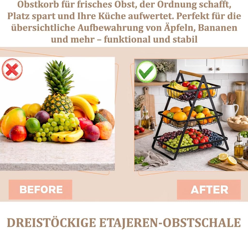 Dreistöckiger Obstkorb, (1 Stück) Schwarz 47cm