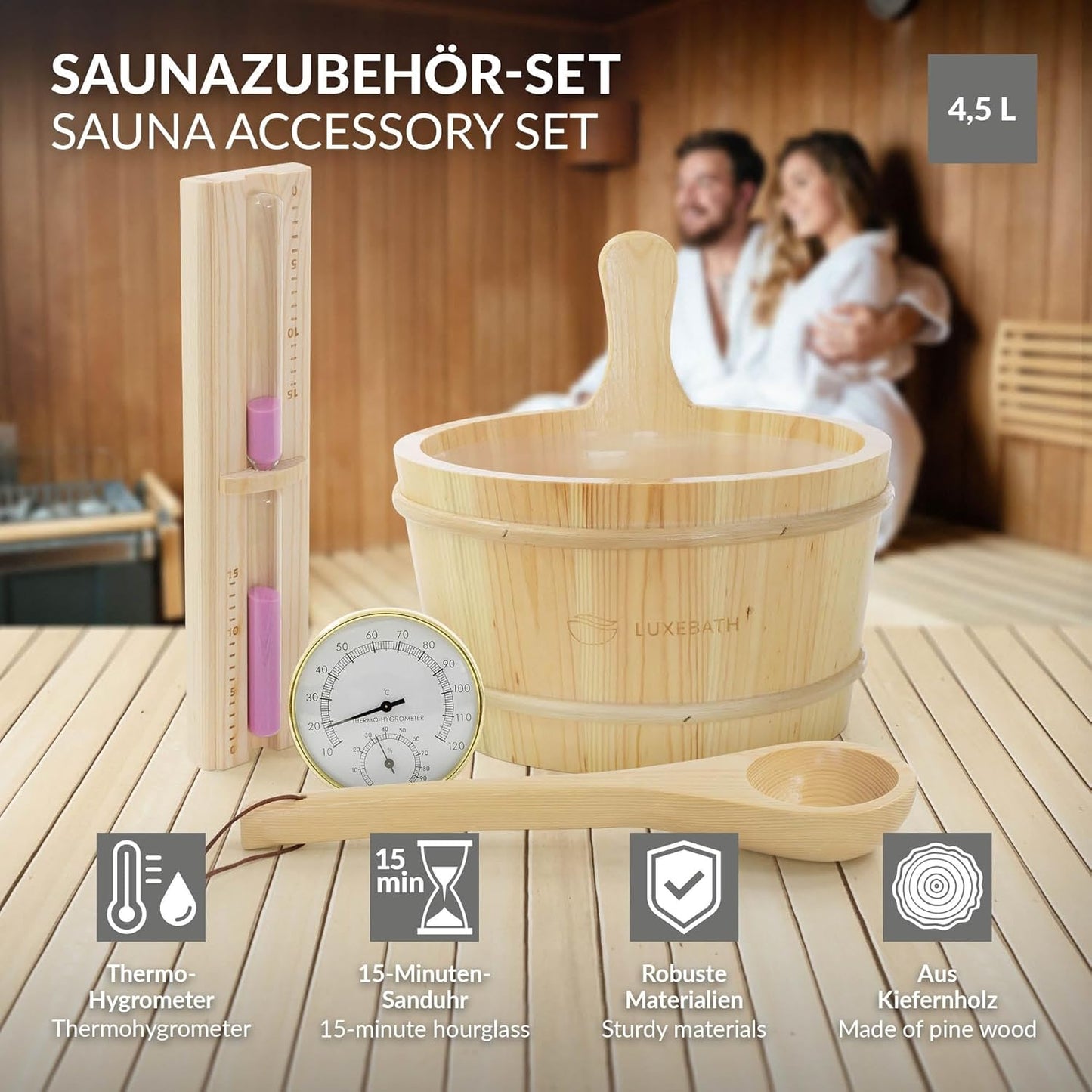 Saunazubehör-Set aus Kiefernholz