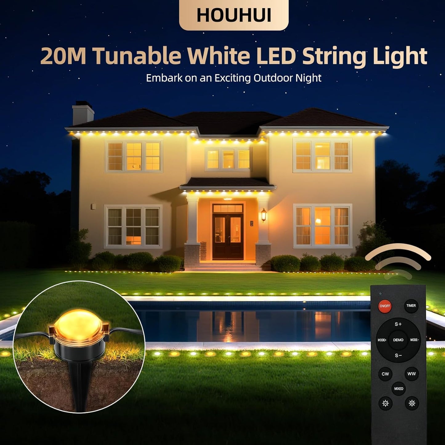 LED Lichterkette Aussen, 20m, dimmbar, IP67, 6 Modi, 20 Meter Lichterkette Aussen