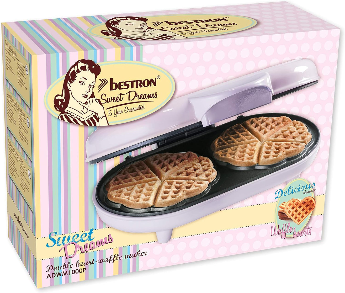 Doppel-Waffeleisen für Herzwaffeln mit Antihaftbeschichtung, Rosa