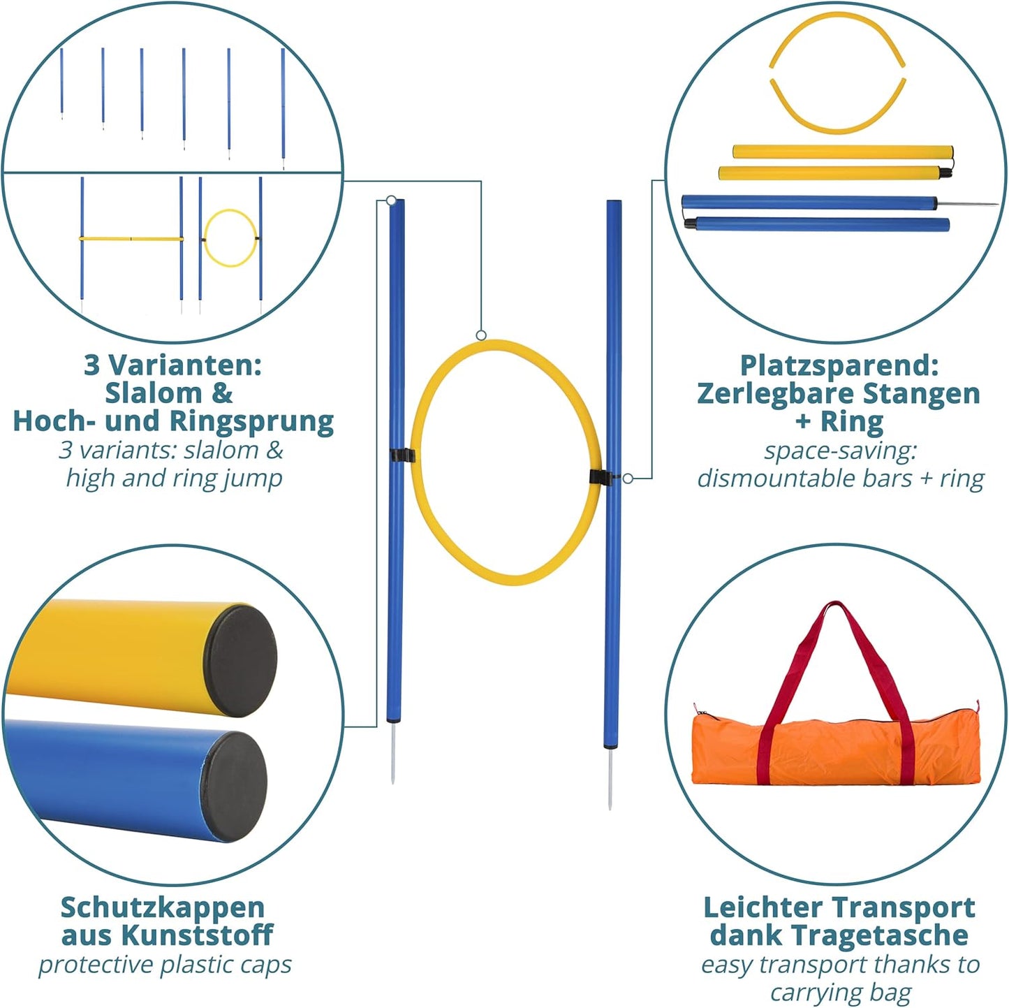 Agility Slalom- und Hindernis-Set, 12 Stangen + 2 Hindernisse + 1 Ring blau-gelb