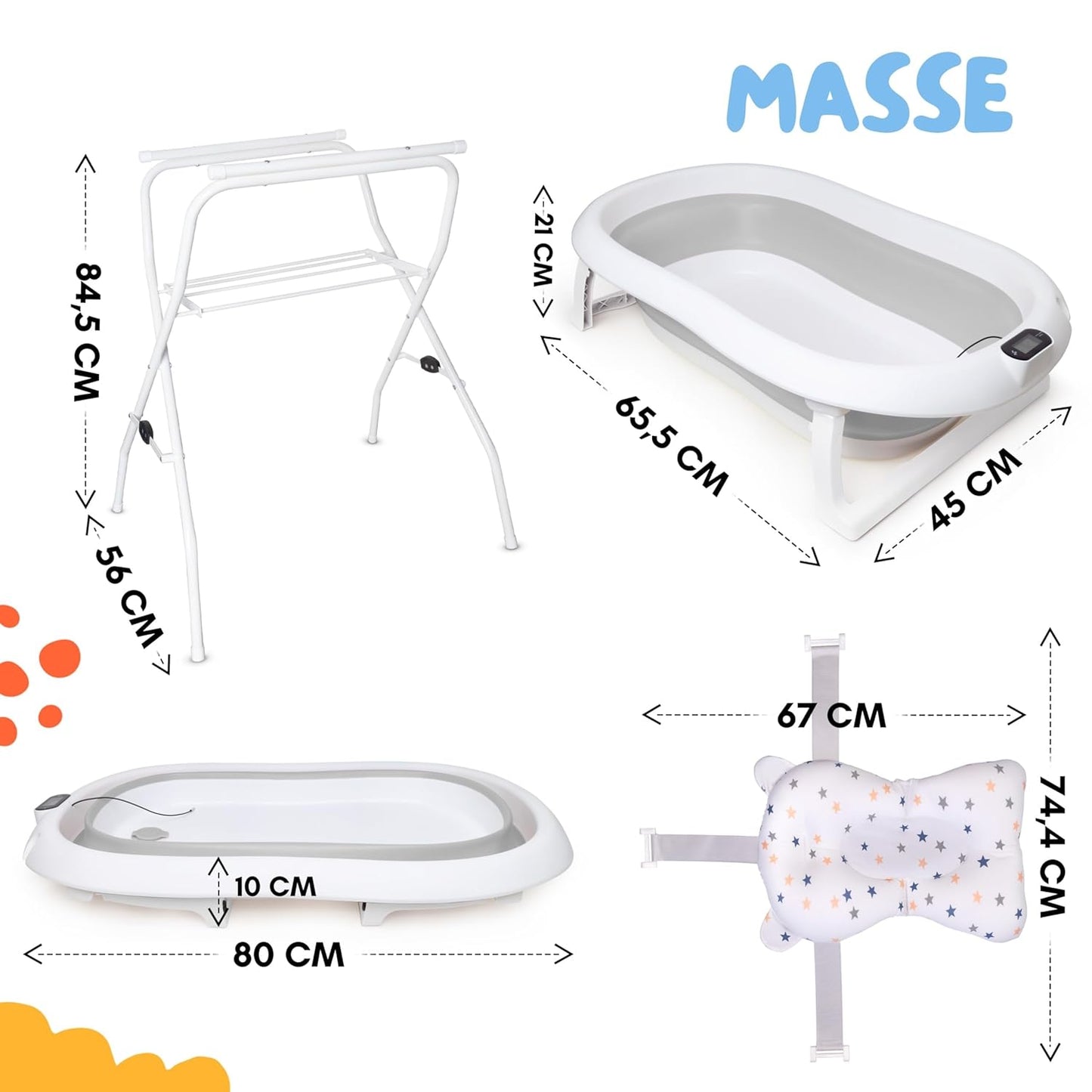 Faltbare Babybadewanne mit Gestell und Thermometer, Grau 84,5cm Höhe - mit Ständer