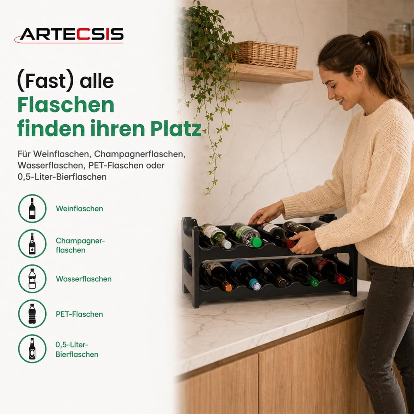 Stapelbares Weinregal für 12 Flaschen, Schwarz 12 Flaschen