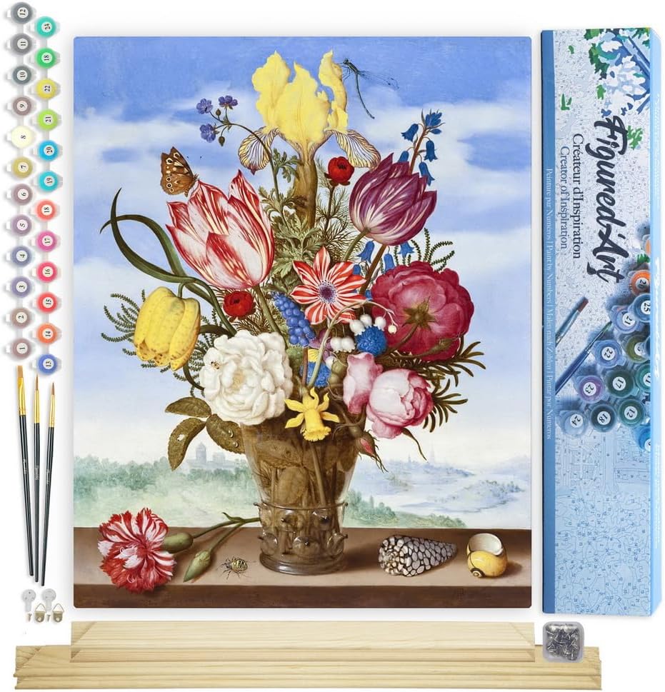 Malen nach Zahlen Set mit Rahmen (Blumenstrauss, 40x50cm), Blumenstrauß - Ambrosius Bosschaert 40x50cm Mit Keilrahmen (nicht gespannt)