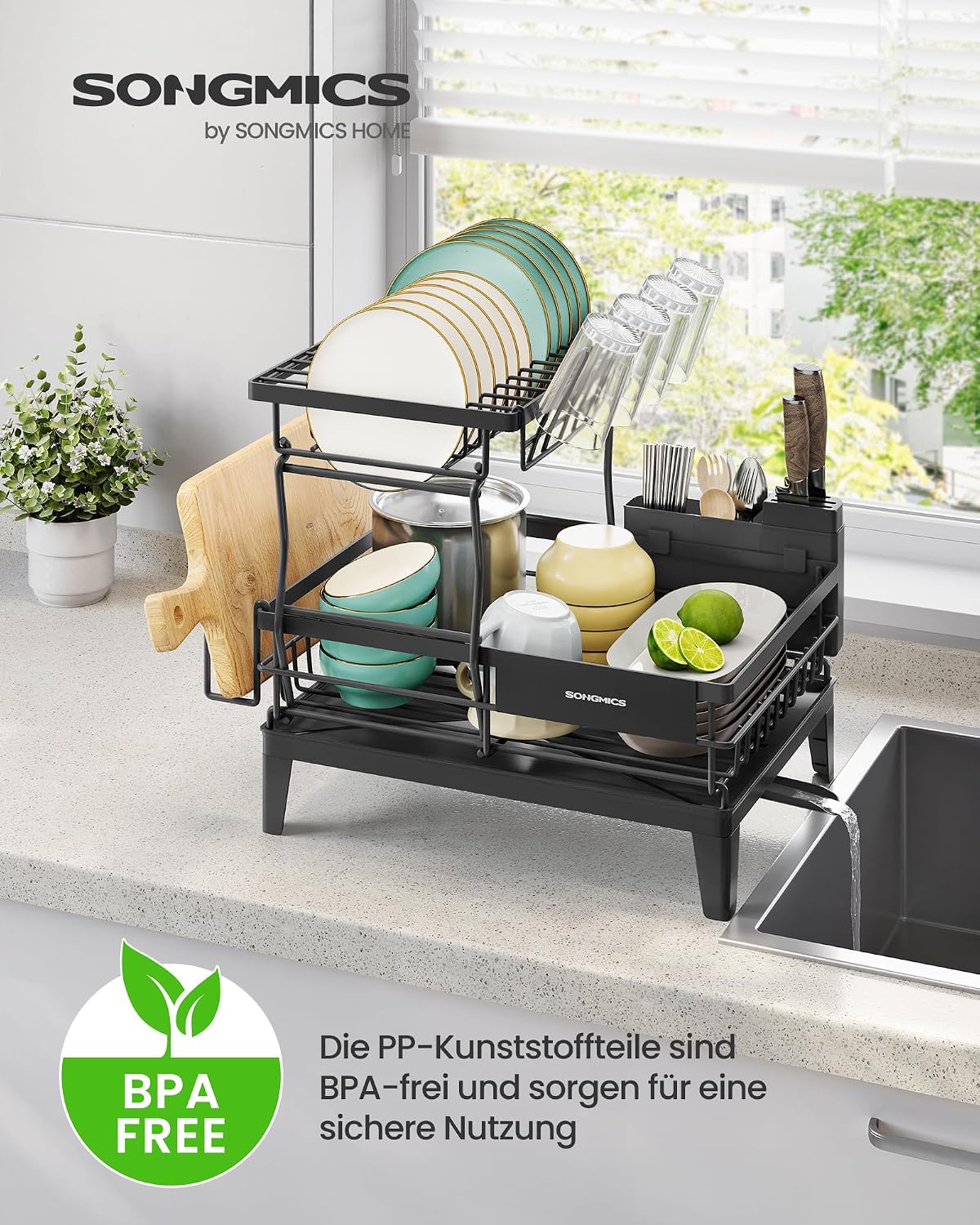 2-stufiger Geschirr-Abtropfständer mit Besteckhalter, Tintenschwarz 2 Stufiger