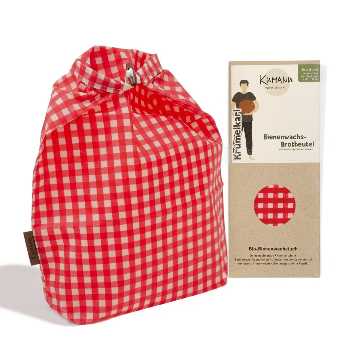 Bio-Bienenwachstuch Brotbeutel Krümelkarl, Rot Kariert
