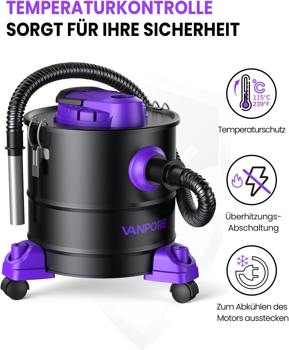 Aschesauger für Kamin, 20L, 1200W mit Rollfuss, Purple