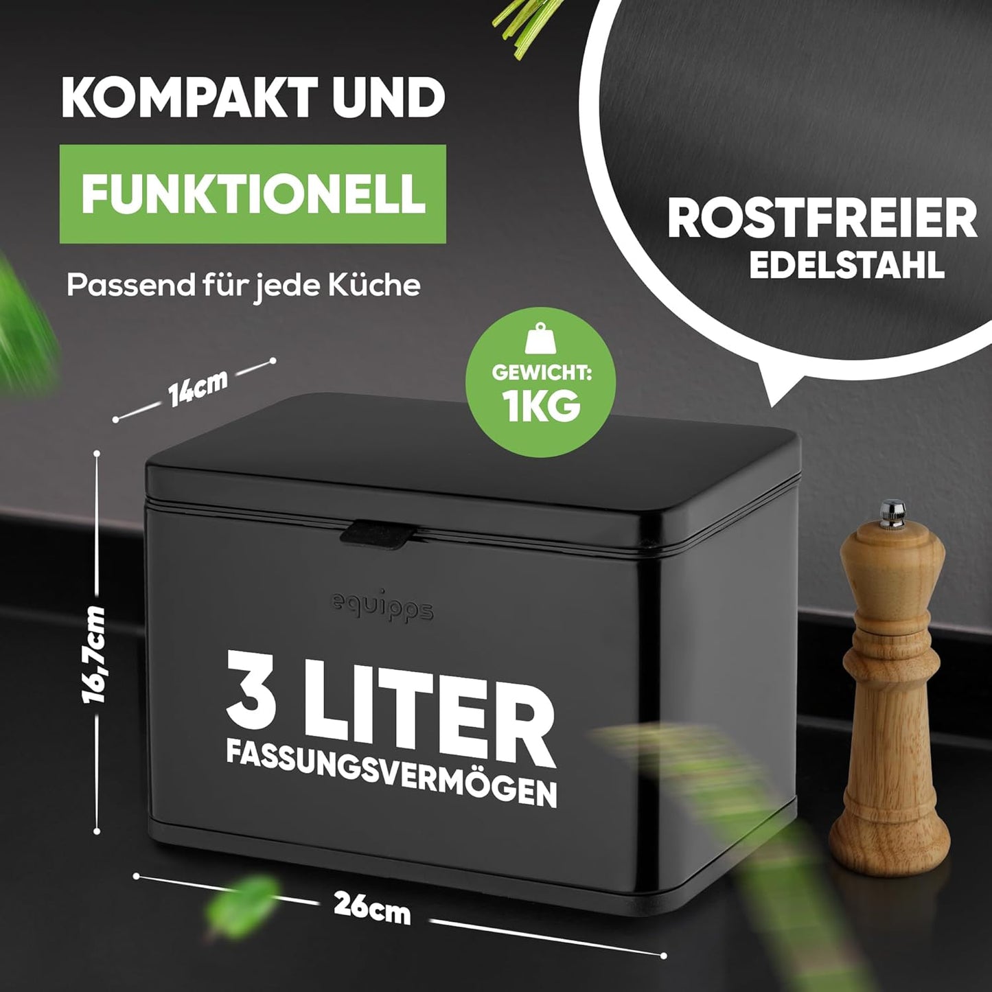 Komposteimer mit Geruchsfilter, Schwarz 3l