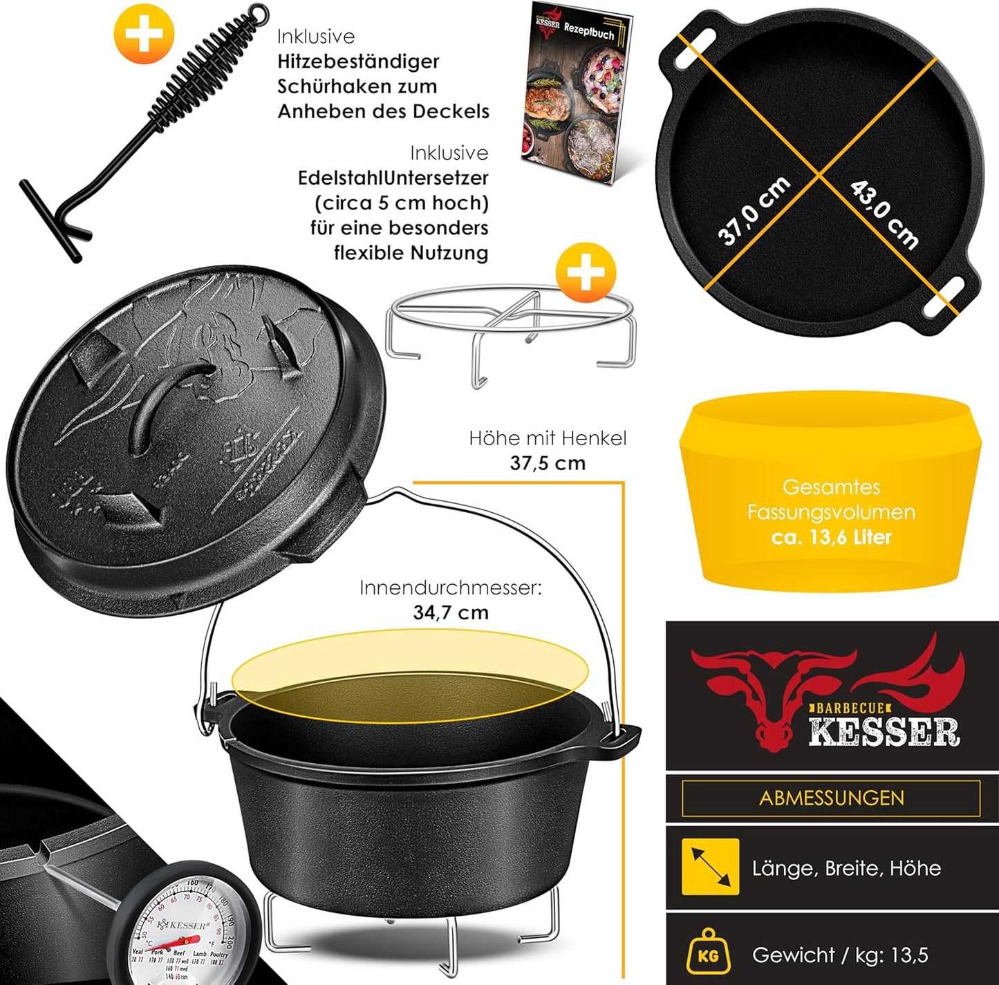 BBQ Dutch Oven Set, DO12P - 13.6 Liter Topf ohne Füsse