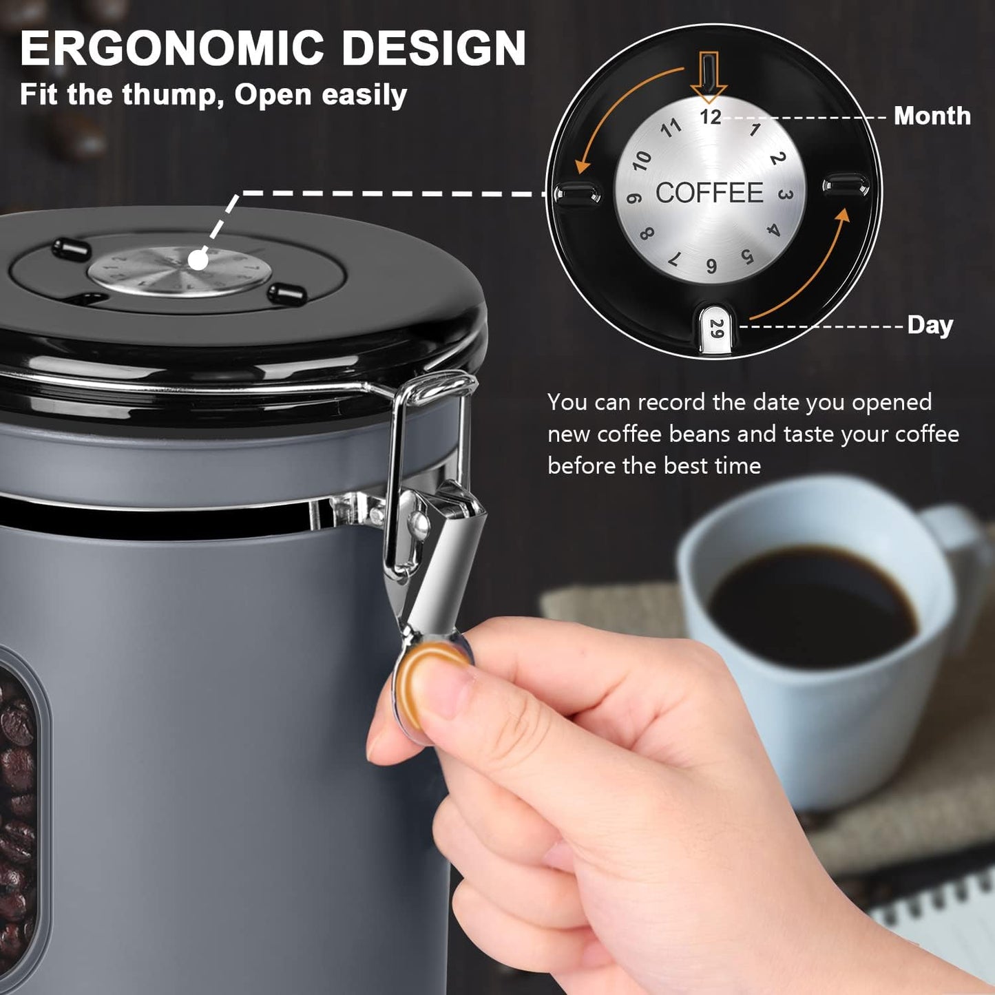 Luftdicht Kaffeedose mit Sichtfenster und Datumsanzeige, 2.8L-Gray