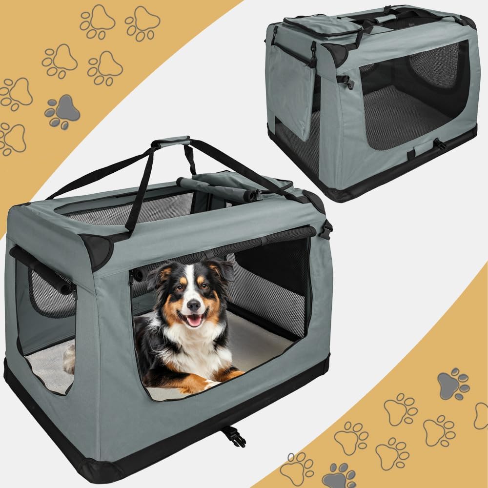 Faltbare Hundebox mit Aufbewahrungstaschen, Tragegurt und Liegedecke, L 90 x B 60 x H 65 cm