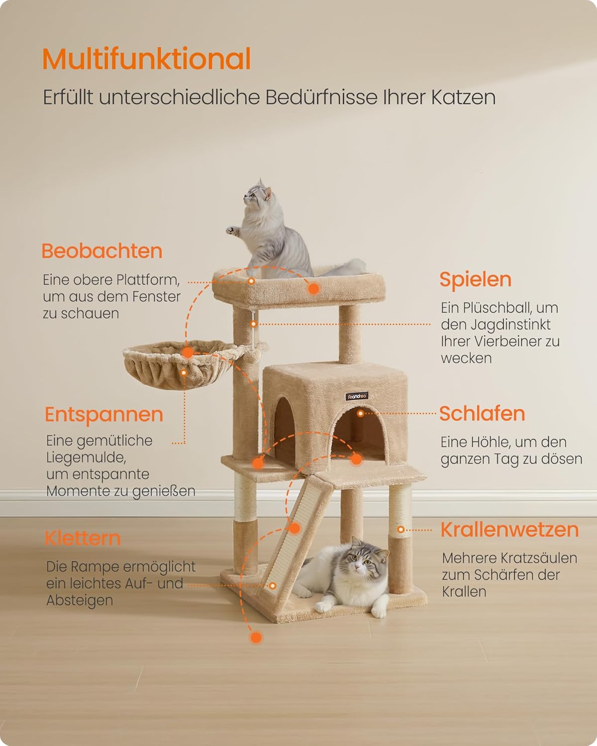 Katzenbaum mit Plattform und Höhle, kamelbraun