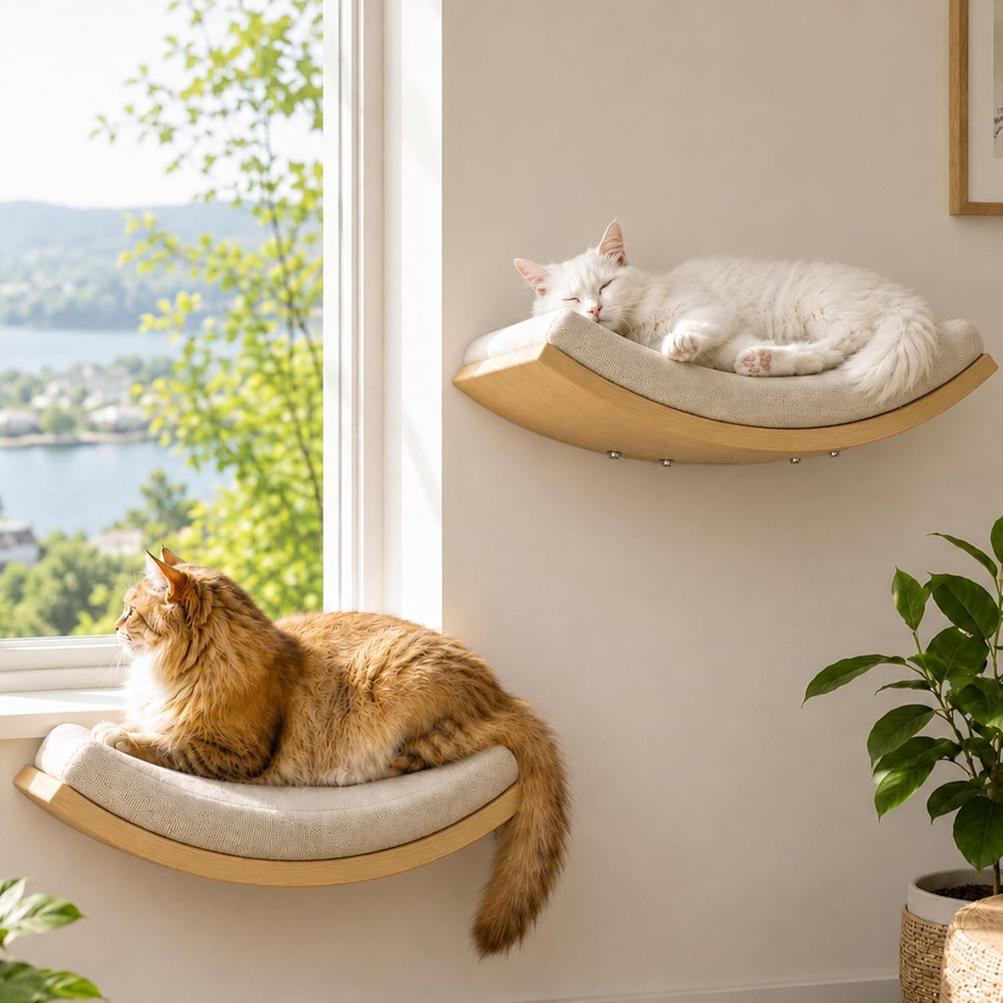 Katzen Kletterwand-Set, 3-teilig, mit 2 Kletterstufen & Gebogenen Plattforme, Beige 2PC Pedal + 1PC Katze Wandregal