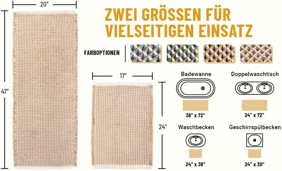 Boho Badteppich Set, rutschfest, Braun Weiss