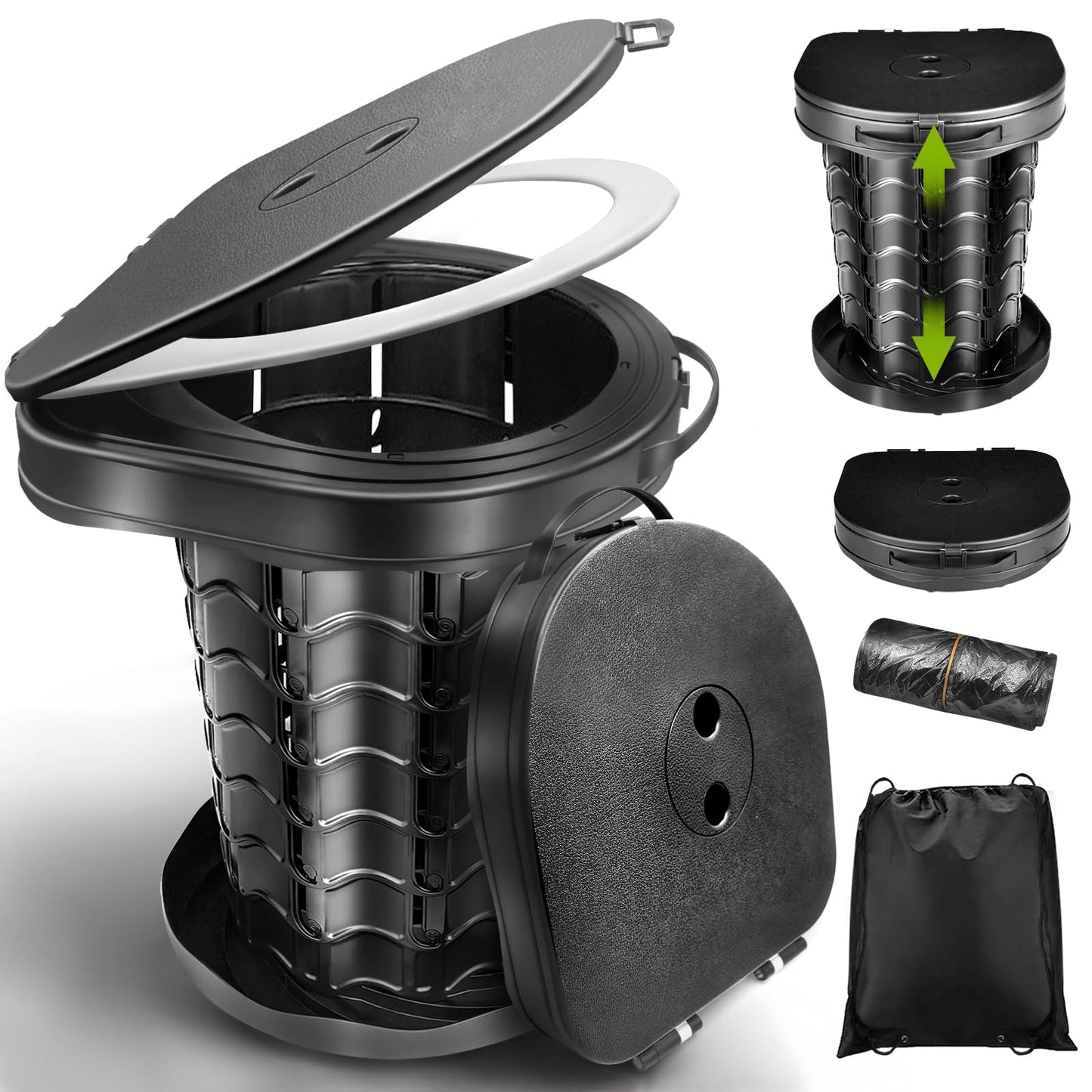 Faltbare Campingtoilette mit Toilettenbeutel, Schwarz