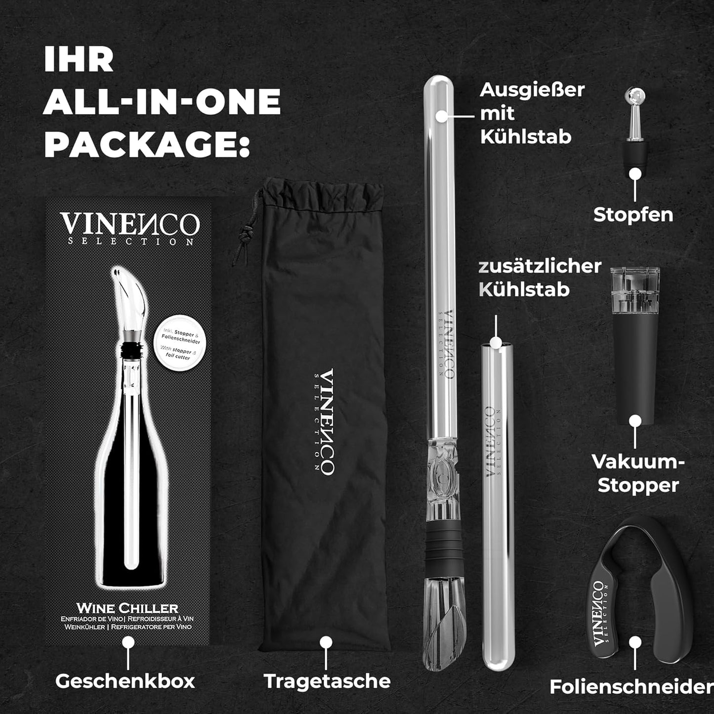 Weinkühler-Set mit Dekantier-Ausgiesser, Set mit 2 Kühlstäben