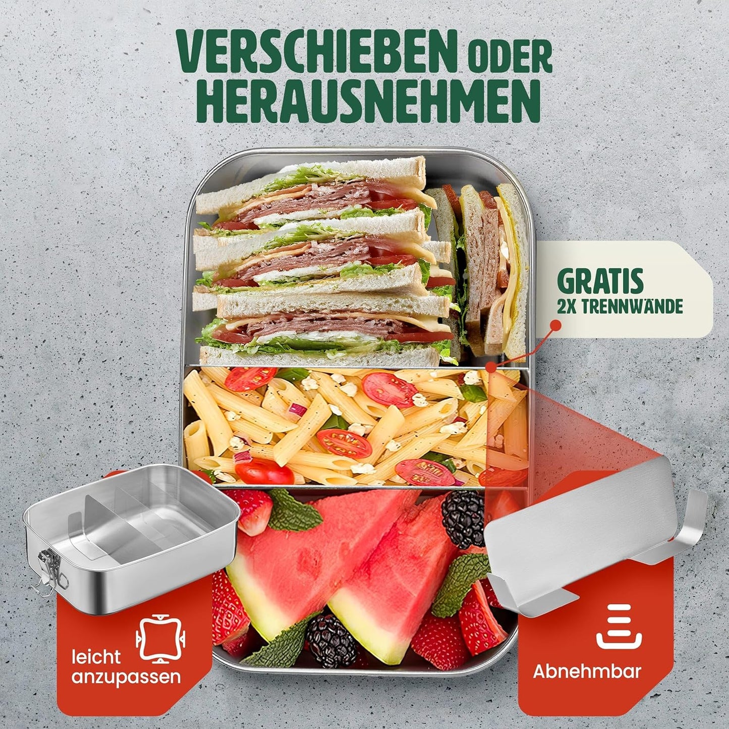 Brotdose mit 3 Fächern, Edelstahl 1400ml