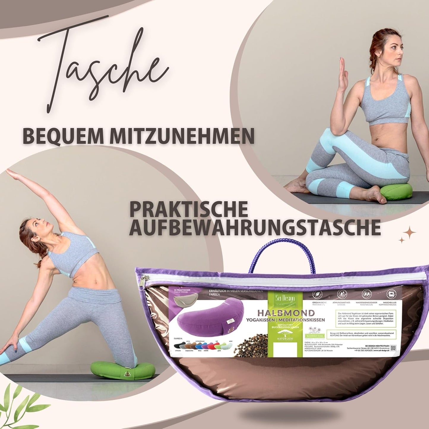 Halbmond Yogakissen mit Buchweizenschalen-Füllung, Blau 46 x 25 x 10 cm