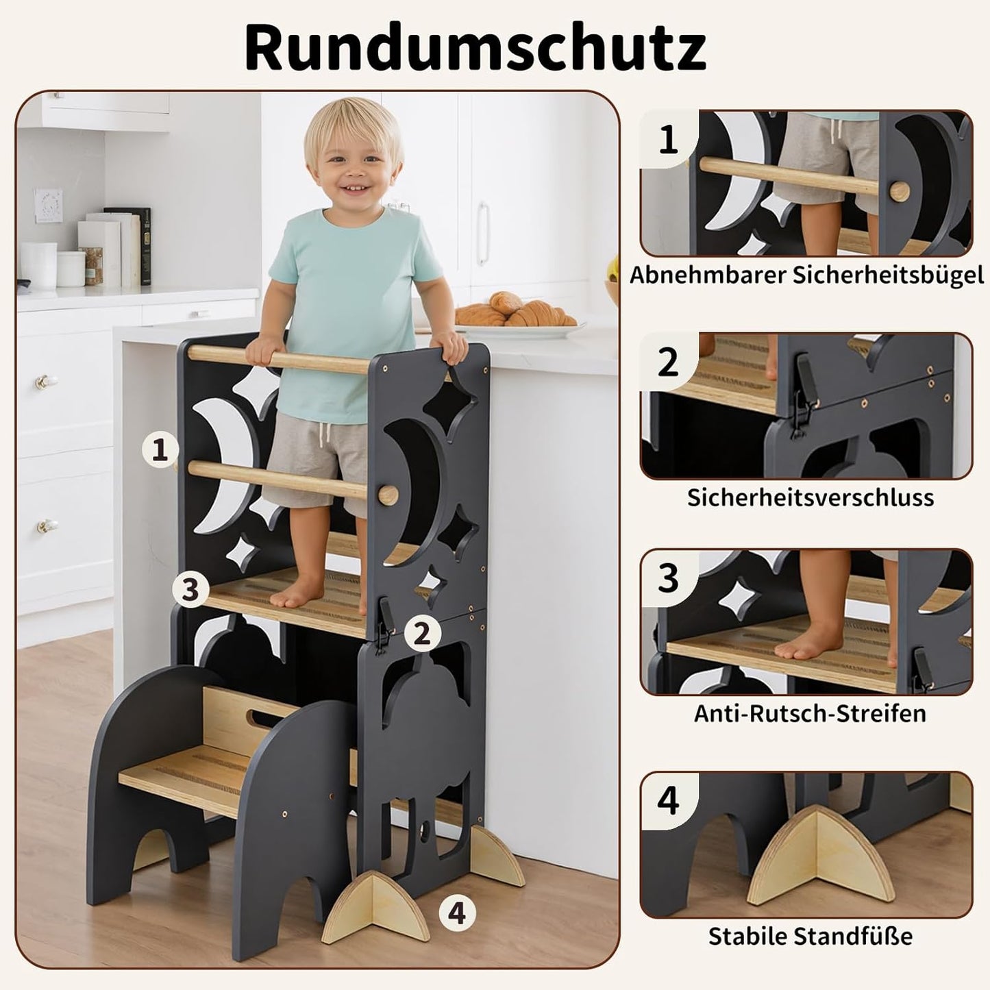 4in1 Lernturm mit Doppeltafel & Schreibtisch, Schwarz
