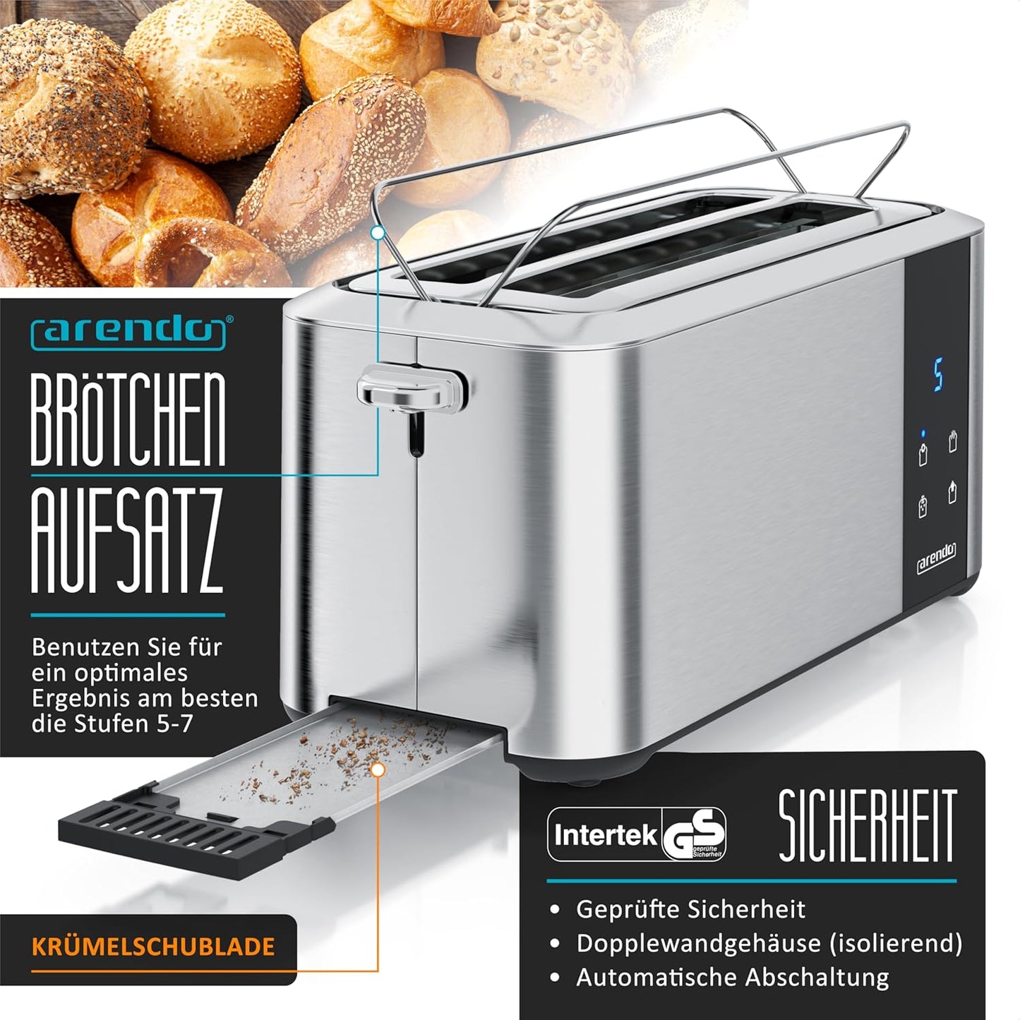 Langschlitz-Toaster Aurora mit Touchscreen und Brötchenaufsatz, A: Silber