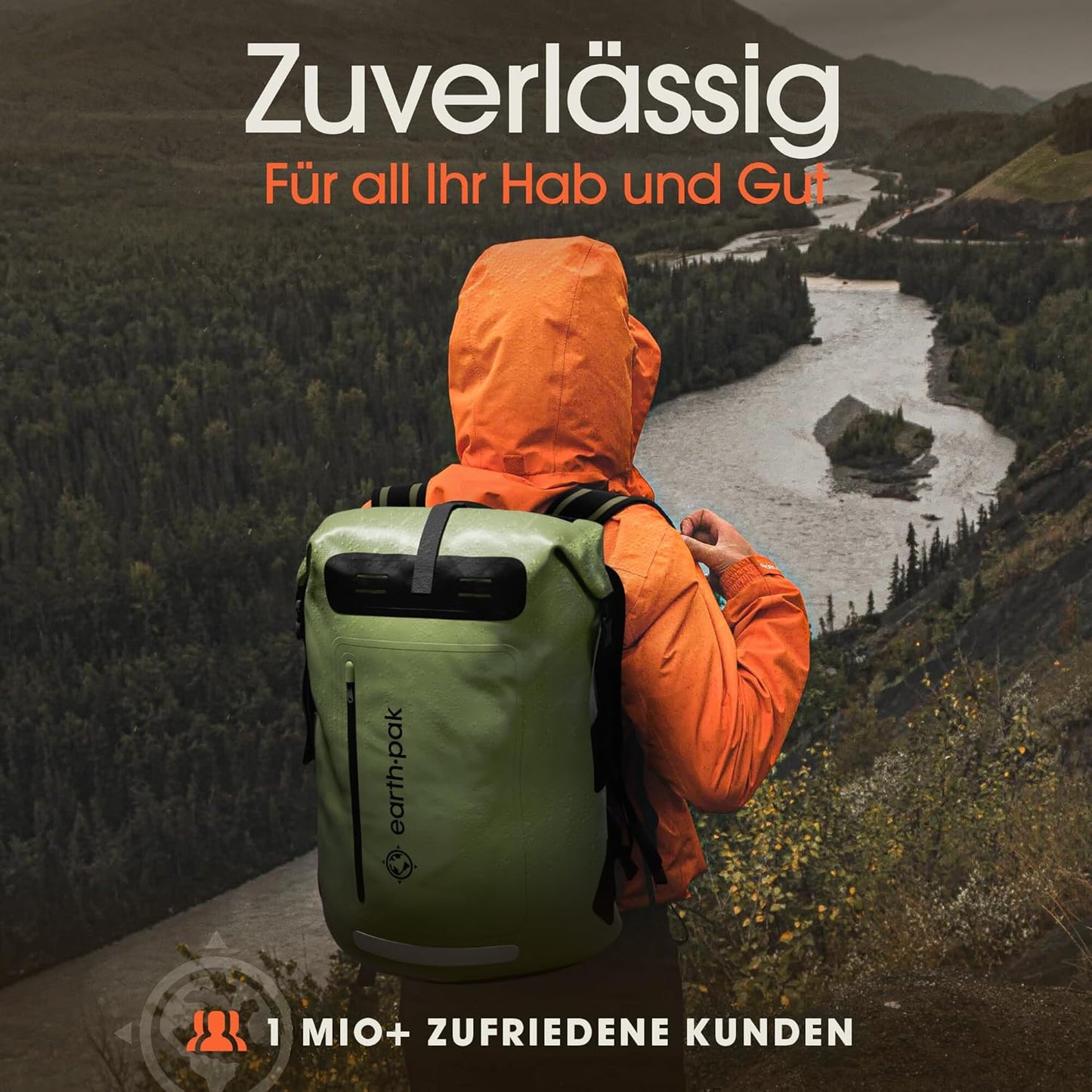 Wasserdichter Rucksack mit Rolltop-Verschluss, 35L Grün