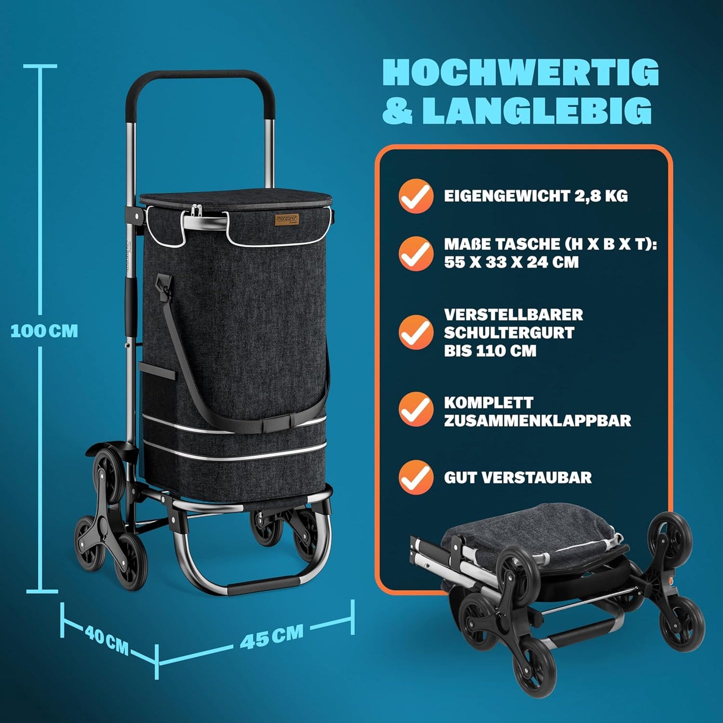 Klappbarer Einkaufstrolley mit Treppensteiger-Rollen, Schwarz
