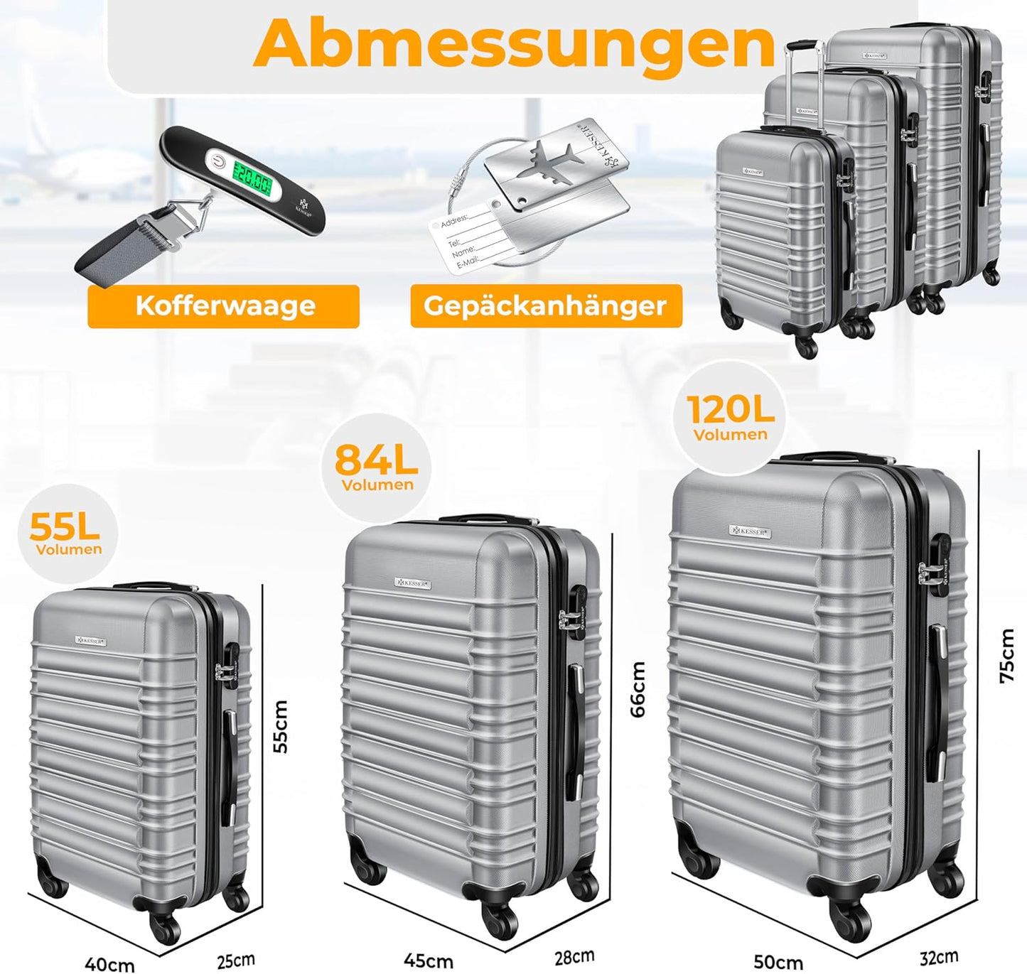 Hartschalenkofferset mit Trolley und Kofferwaage, Silber