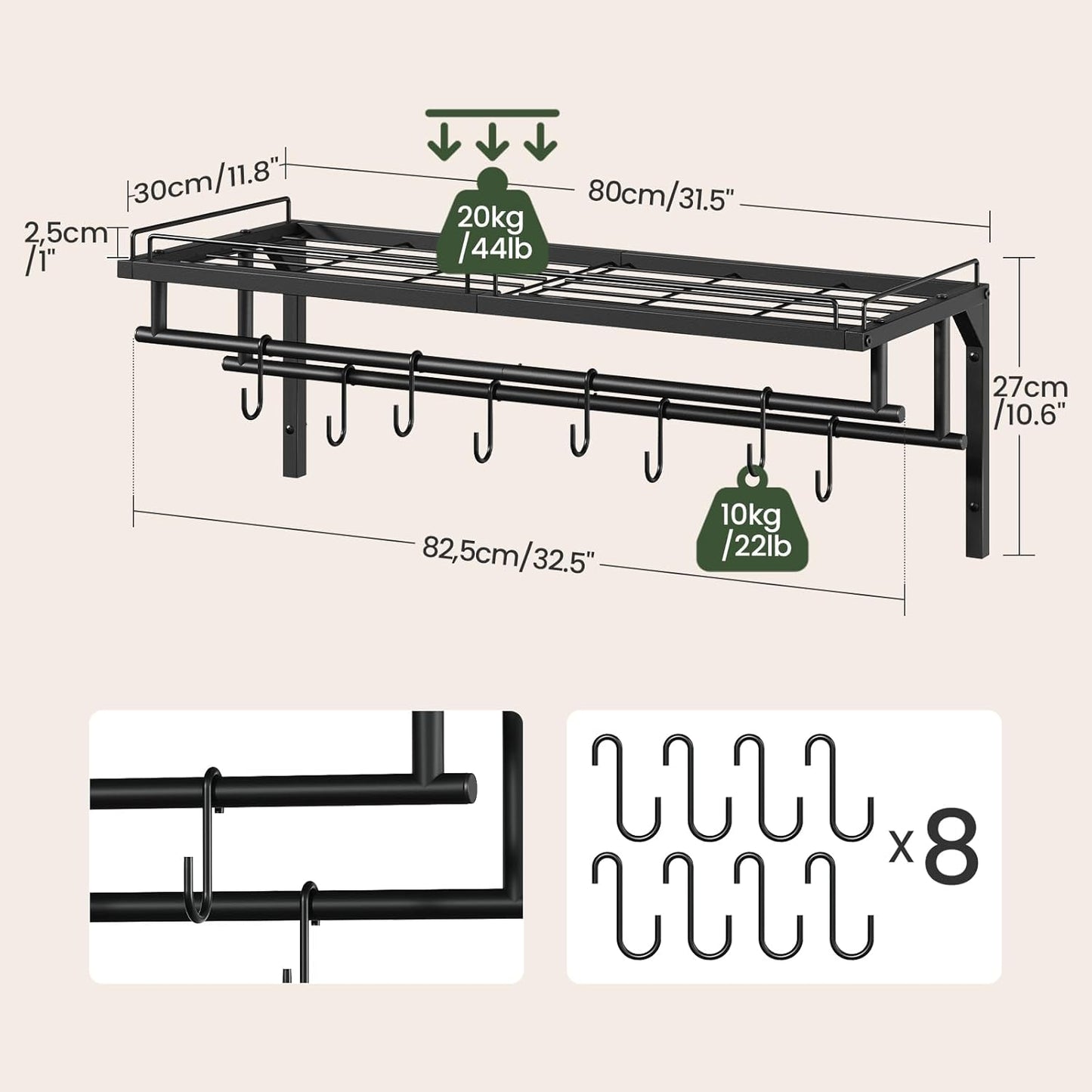 Topf- und Pfannen-Wandregal mit Haken